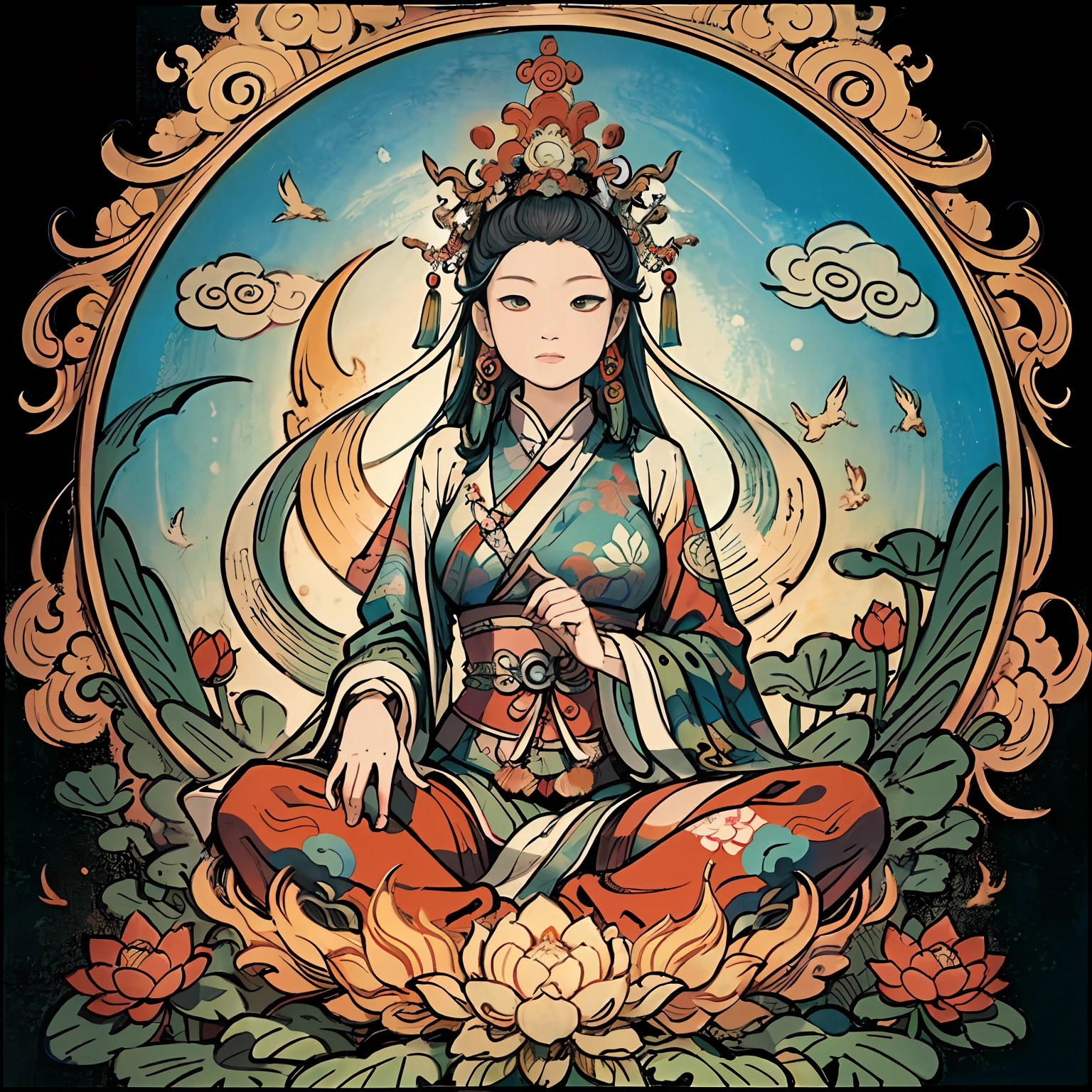 an ancient Chinese goddess, guanyin of the southern seas, Guanyin, Inspired by India, Avalokiteshvara rides a phoenix,,Serene expression,shui mo hua,Buddha,Buddhist,Lotus,Chinese painting style,Thangka style