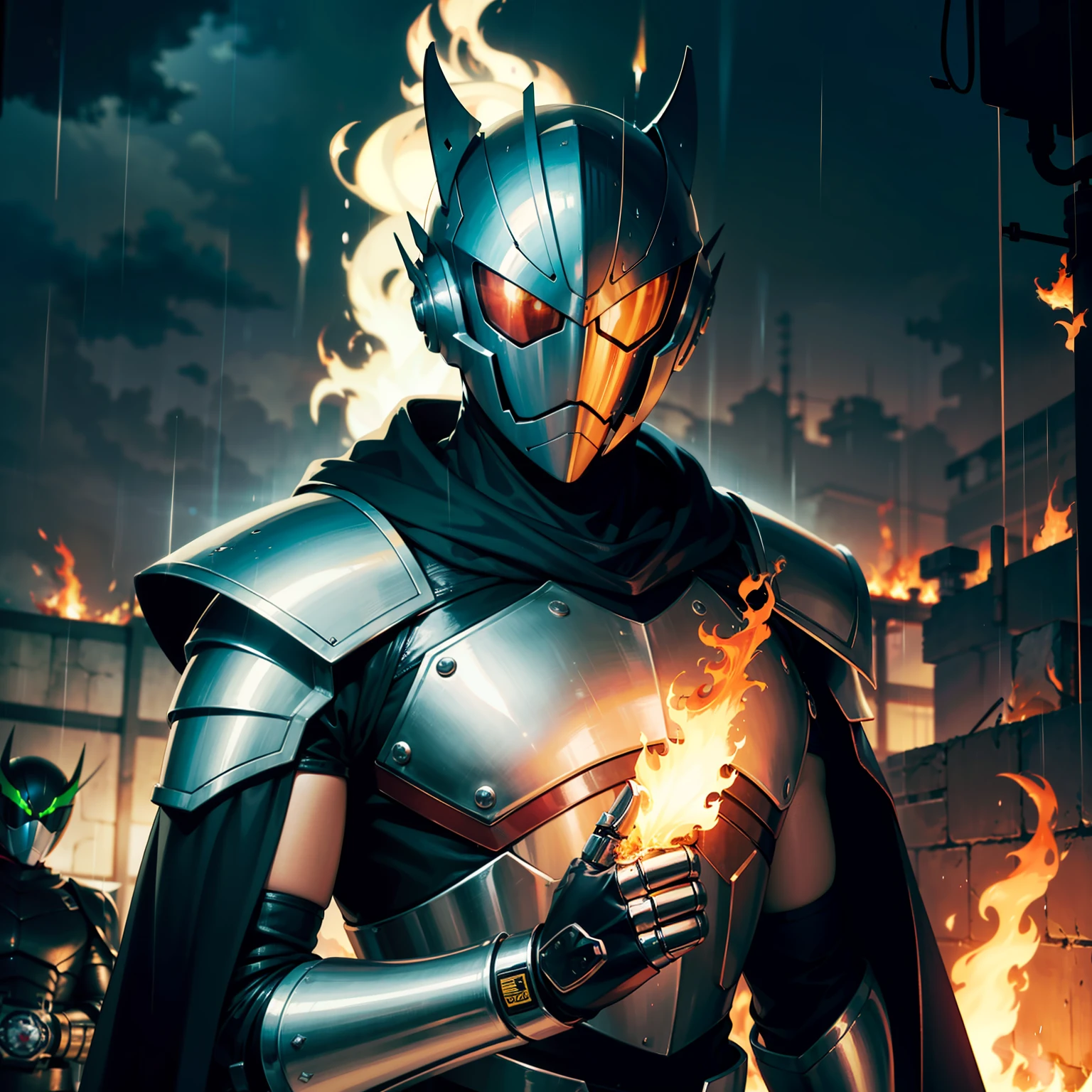 (anime big breast), hyper HD, ((Masterpiece)), Faithful and meticulous, ((high qulity)), Kamen Rider, Mechanical armor, Cloak, A flame in a combustion, rain, Cool and sad atmosphere, Domineering