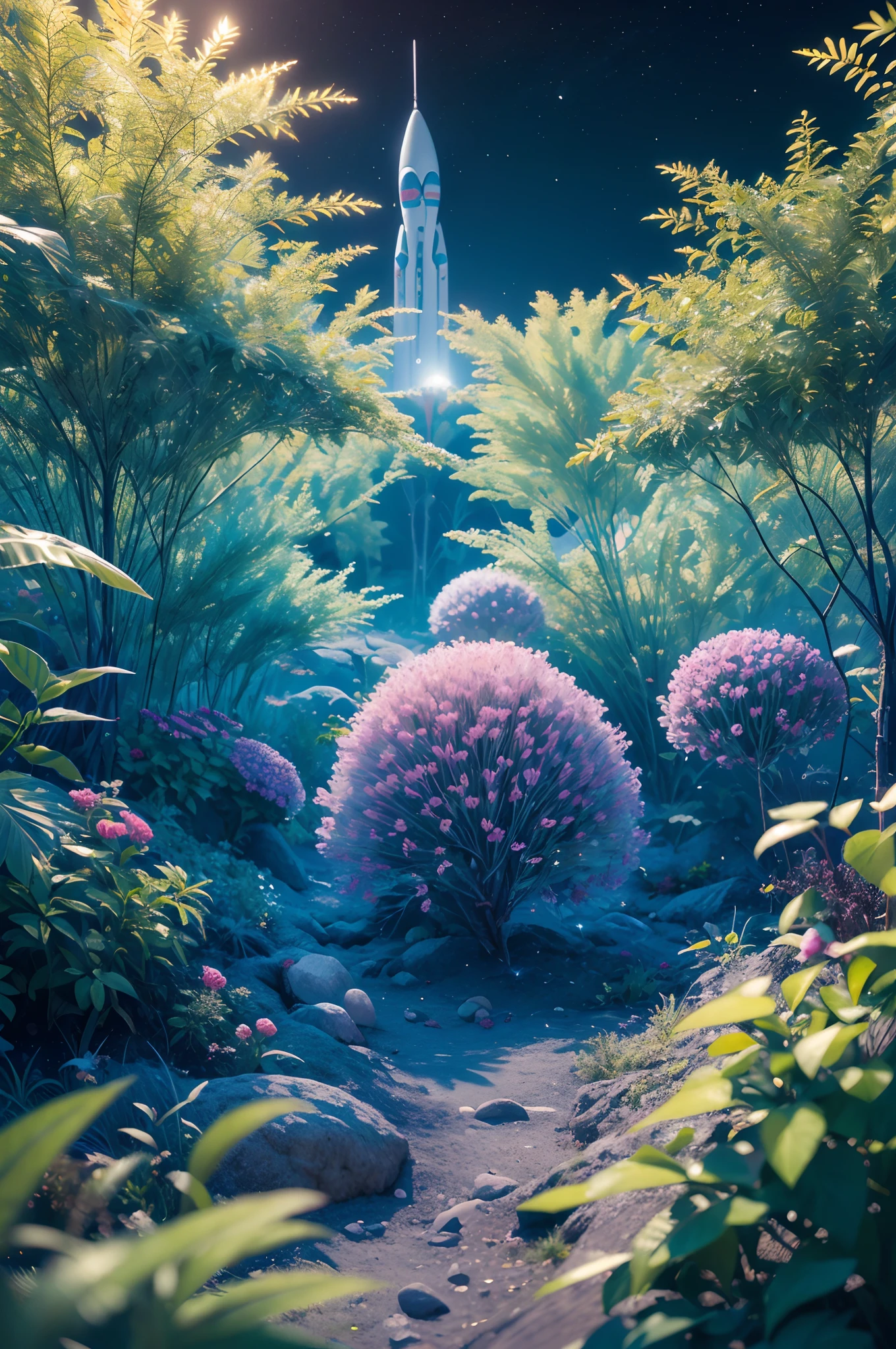 depth of field, human colony on unknown planet, clean white structures, bright vibrant colored vegetation, bioluminescent plants, hyperrealism, highly detailed, insanely detailed, lush detail, filigree, intricate, crystalline, global illumination, cosmonaut, LSD, lens flare
