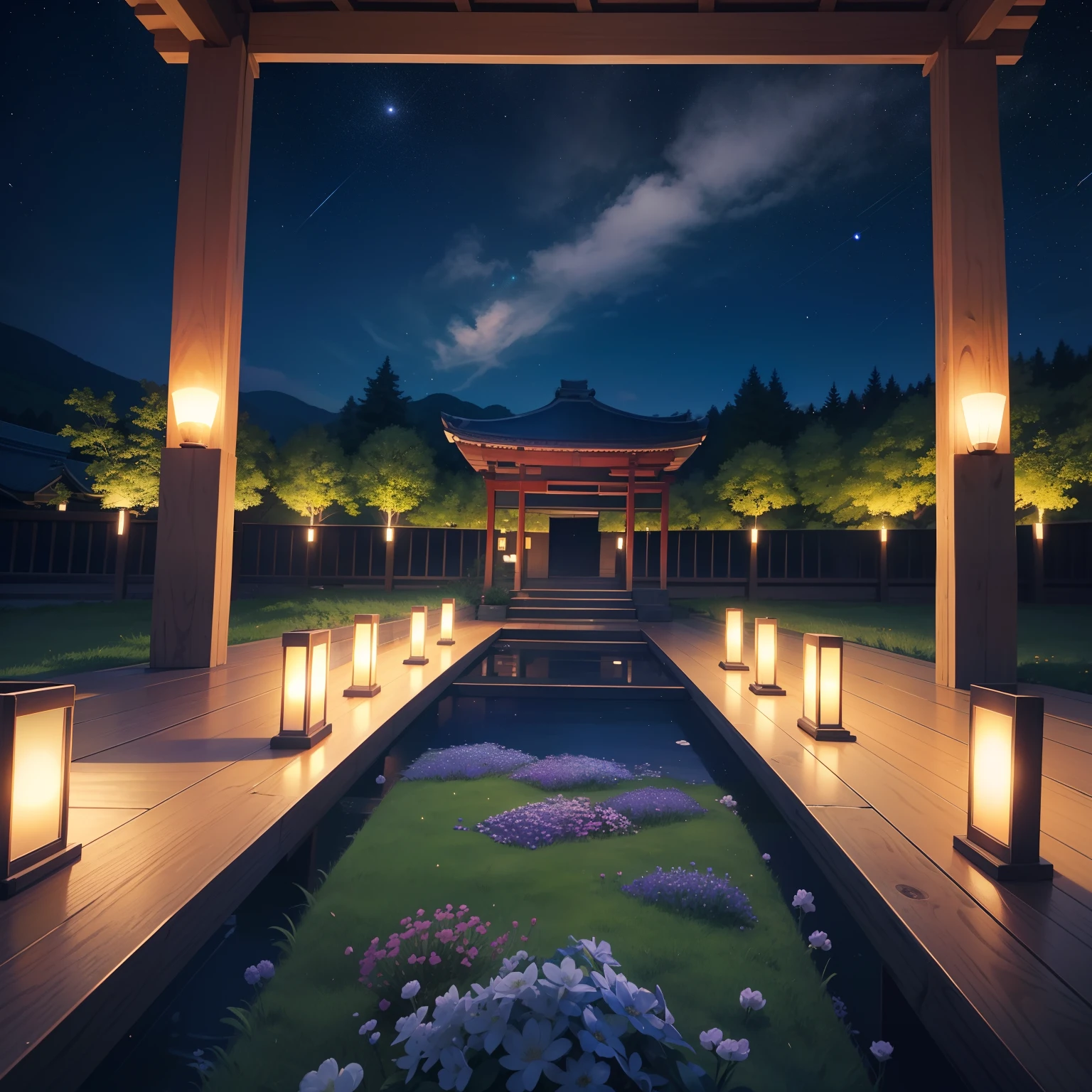 Under the beautiful and aesthetic night sky、One girl with blue and green colorful hair stood wearing blue and green colorful kimono。At her feet is a field of Tsuyukuweed flowers.、Its blue flowers shone faintly in the moonlight。The place is very respected、It was a nostalgic place.。From afar、I heard the music of the serenade、stele々was coloring Starry Ski。The beautiful scenery was as if I was in an illusion.。