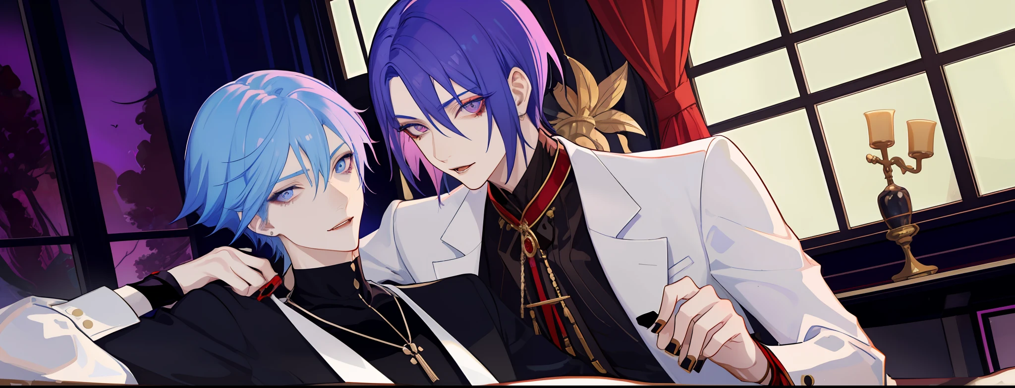 masterpiece, top-quality, 2Others, Male couple, 1 man and 1,, Adults, Height difference, different fashion, different color, finely eye and detailed face, intricate detailes, Casual clothing, Oversized shirt, Modern urban streets, Hands on back, A smile, Happiness, tenderness, queers, high-level image quality、 Two beautiful men、tall、Push the bed down、Trying to kiss、window、nightfall、nighttime scene、𝓡𝓸𝓶𝓪𝓷𝓽𝓲𝓬、Korean Male, Idol Photos, k pop, Professional Photos, Vampires, Korean fashion in black and white, Fedoman with necklace, inspired by Sim Sa-jeong, androgynous vampire, :9 detailed face: 8, extra detailed face, detailed punk hair, ((eyes are brown)) baggy eyes, Seductive. Highly detailed, semi realistic anime, Vampires, hyperrealistic , delicate androgynous prince, imvu, short hair above the ears, Man with short hair, Purple-haired man with a glaring expression and a man with light blue hair with a gentle expression, With a short-haired man with bright purple hair, Man with light blue hair