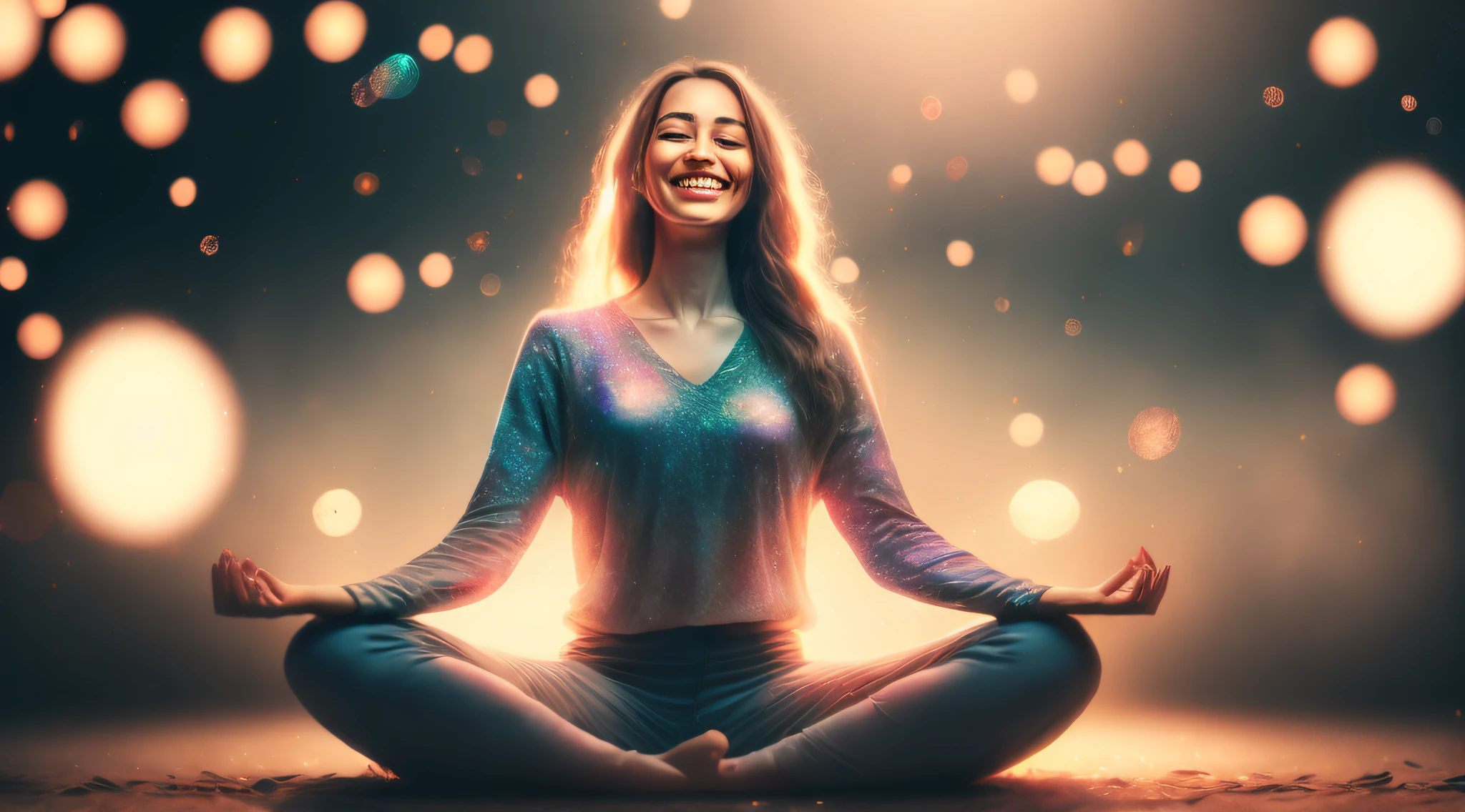 a woman in lotus pose floating above the ground, smiling slightly, blissful, bokeh