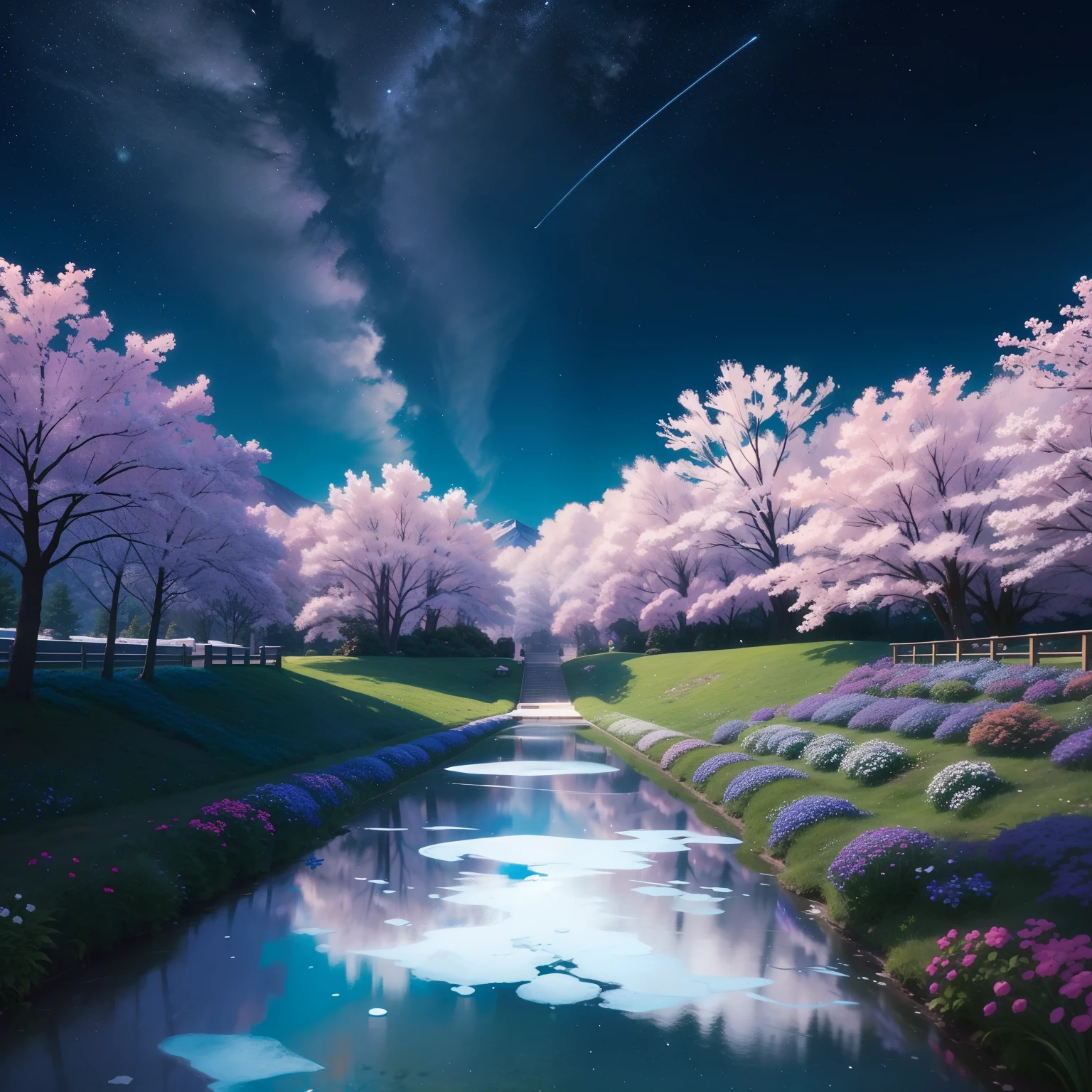 Under the beautiful and aesthetic night sky、One girl with blue and green colorful hair stood wearing blue and green colorful kimono。At her feet is a field of Tsuyukuweed flowers.、Its blue flowers shone faintly in the moonlight。The place is very respected、It was a nostalgic place.。From afar、I heard the music of the serenade、stele々was coloring Starry Ski。The beautiful scenery was as if I was in an illusion.。