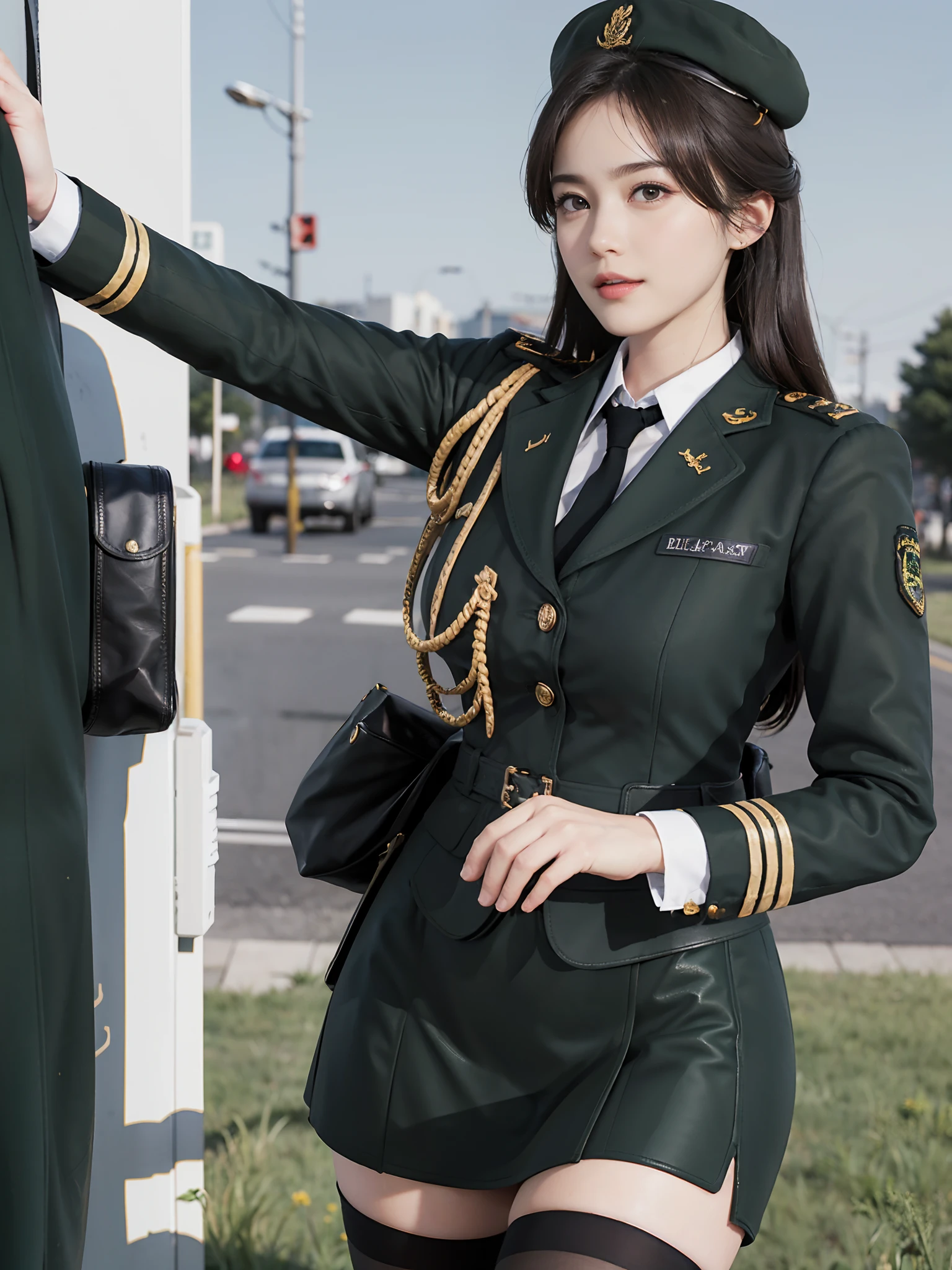Usually detailed CG Unity 8K wallpaper，（tmasterpiece），（best qualtiy），（ultra - detailed），（Ultra photo realsisim），（best character detail：1.36），Nikon D750 f / 1.4 55mm，profesional lighting， physically-based renderingt, 1girll, Female soldier，army suit，Dark green military uniform，Fabric texture military uniform，Pure white lining，Dark green tie，Army green skirt，military hat，Bare legged，Plump legs，whitestocking，Black hair，the golden ratio,[:(com rosto detalhado:1.2):0.2]:，PureErosFace_V1, broad shoulder,(Bigchest:1.5),(big assa:1.5),Squat on the grass，Thighs apart，The skirt covers the bottom of the skirt，In the square，Splendid scenery，bright sun，RAW photogr，frontal photos， Look at the audience head-on，Night Street，lighting，Contre-Jour，Bright smile，White teeth，