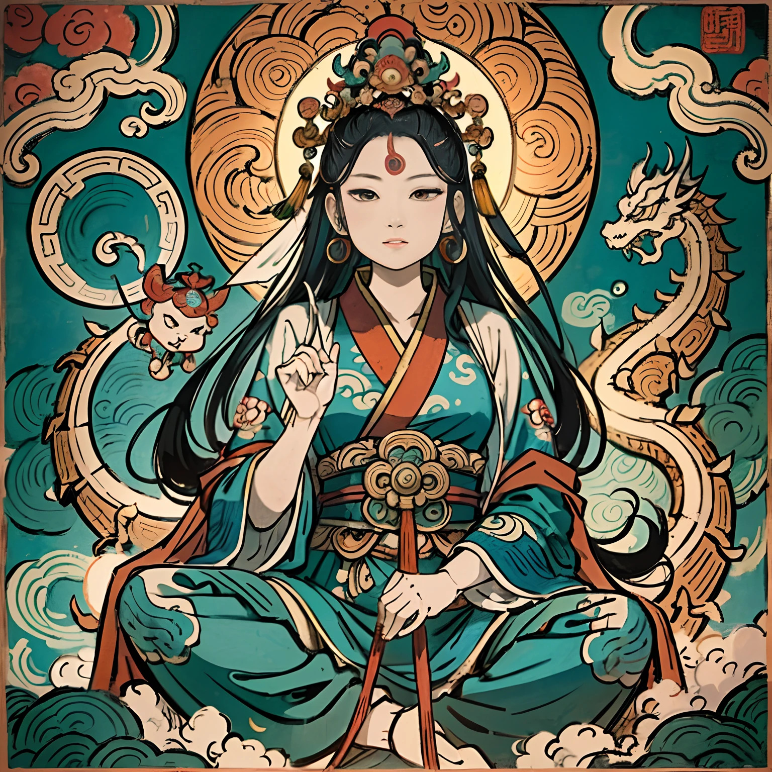 an ancient Chinese goddess, guanyin of the southern seas, Guanyin, Inspired by India, Avalokiteshvara rides a dragon,,Serene expression,shui mo hua,Buddha,Buddhist,Lotus,Chinese painting style,Thangka style