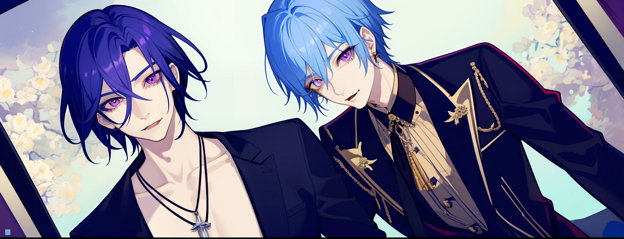 masterpiece, top-quality, 2Others, Male couple, 1 man and 1,, Adults, Height difference, different fashion, different color, finely eye and detailed face, intricate detailes, Casual clothing, Oversized shirt, Modern urban streets, Hands on back, A smile, Happiness, tenderness, queers, high-level image quality、 Two beautiful men、tall、on the beds、Trying to kiss、window、nightfall、nighttime scene、𝓡𝓸𝓶𝓪𝓷𝓽𝓲𝓬、Korean Male, Idol Photos, k pop, Professional Photos, Vampires, Korean fashion in black and white, Fedoman with necklace, inspired by Sim Sa-jeong, androgynous vampire, :9 detailed face: 8, extra detailed face, detailed punk hair, ((eyes are brown)) baggy eyes, Seductive. Highly detailed, semi realistic anime, Vampires, hyperrealistic teen, delicate androgynous prince, imvu, short hair above the ears, Man with short hair, Purple-haired man with a glaring expression and a man with light blue hair with a gentle expression, With a short-haired man with bright purple hair, Man with light blue hair