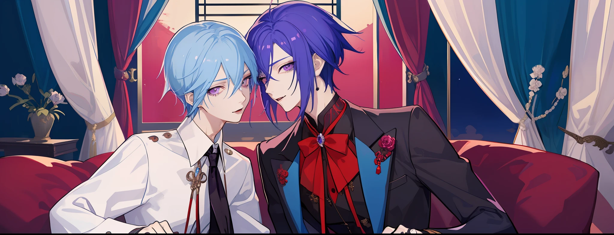 masterpiece, top-quality, 2Others, Man couple, 1 man and 1,, Adults, Height difference, different fashion, different color, finely eye and detailed face, intricate detailes, Casual clothing, Oversized shirt, Modern urban streets, Hands on back, A smile, Happiness, tenderness, queers, high-level image quality、 Two Beautiful Men、tall、hug from behind、Trying to kiss、window、nightfall、nighttime scene、𝓡𝓸𝓶𝓪𝓷𝓽𝓲𝓬、Korean Male, Idol Photos, k pop, Professional Photos, Vampires, Korean fashion in black and white, Fedoman with necklace, inspired by Sim Sa-jeong, androgynous vampire, :9 detailed face: 8, extra detailed face, detailed punk hair, ((asa)) baggy eyes, Seductive. Highly detailed, semi realistic anime, Vampires, hyperrealistic , delicate androgynous prince, imvu, short hair above the ears, Man with short hair, A man with a glaring expression and a man with a gentle expression, With a short-haired man with bright purple hair, Man with bright blue hair