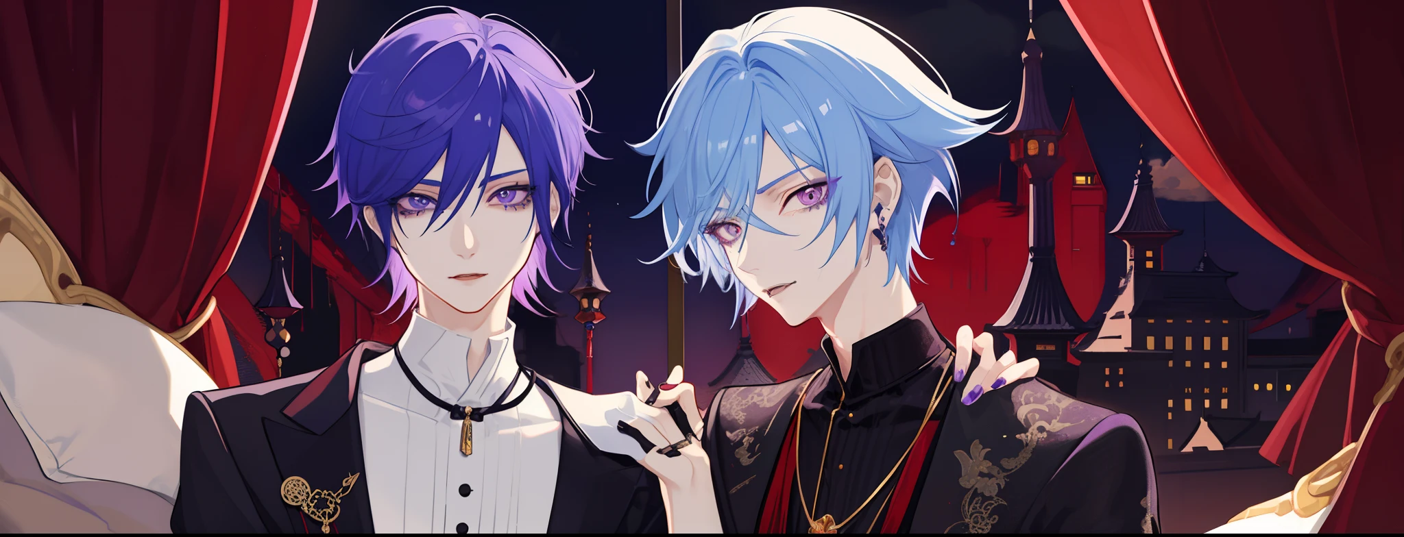 masterpiece, top-quality, 2Others, Male couple, 1 man and 1,, Adults, Height difference, different fashion, different color, finely eye and detailed face, intricate detailes, Casual clothing, Oversized shirt, Modern urban streets, Hands on back, A smile, Happiness, tenderness, queers, high-level image quality、 Two beautiful men、tall、hug from behind、Trying to kiss、window、nightfall、nighttime scene、𝓡𝓸𝓶𝓪𝓷𝓽𝓲𝓬、Korean Male, Idol Photos, k pop, Professional Photos, Vampires, Korean fashion in black and white, Fedoman with necklace, inspired by Sim Sa-jeong, androgynous vampire, :9 detailed face: 8, extra detailed face, detailed punk hair, ((asa)) baggy eyes, Seductive. Highly detailed, semi realistic anime, Vampires, hyperrealistic , delicate androgynous prince, imvu, short hair above the ears, Man with short hair, A man with a glaring expression and a man with a gentle expression, With a short-haired man with bright purple hair, Man with light blue hair