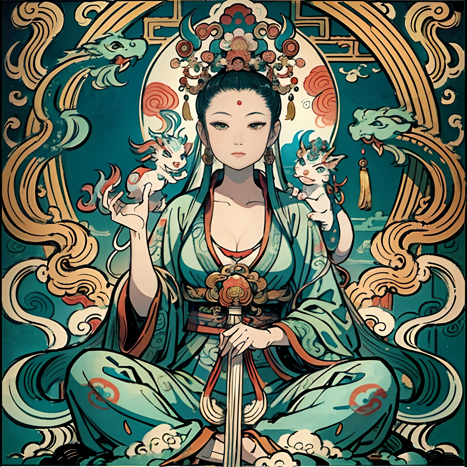 an ancient Chinese goddess, guanyin of the southern seas, Guanyin, Inspired by India, Avalokiteshvara rides a dragon,,Serene expression,shui mo hua,Buddha,Buddhist,Lotus,Chinese painting style,Thangka style
