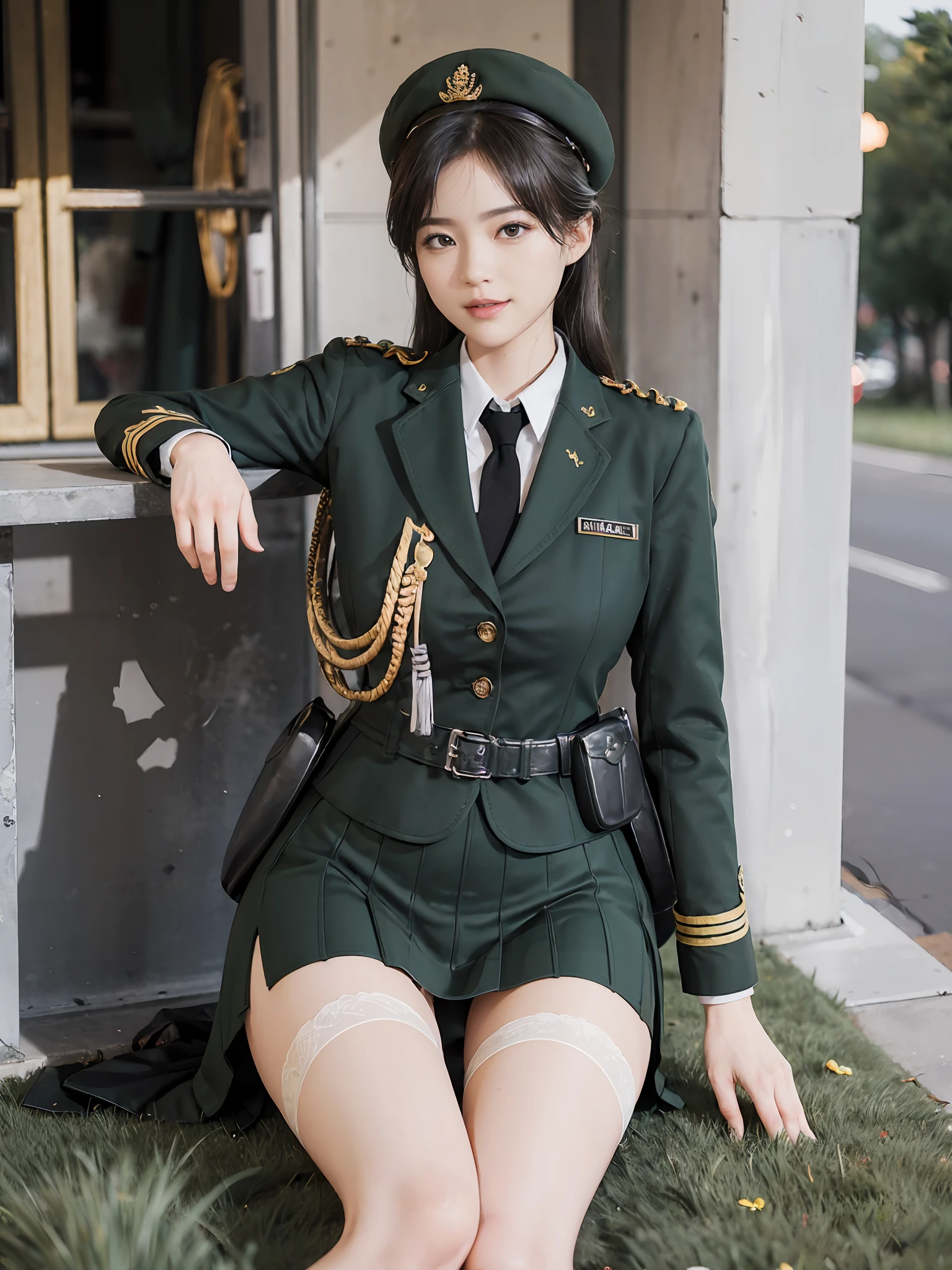 Usually detailed CG Unity 8K wallpaper，（tmasterpiece），（best qualtiy），（ultra - detailed），（Ultra photo realsisim），（best character detail：1.36），Nikon D750 f / 1.4 55mm，profesional lighting， physically-based renderingt, 1girll, Female soldier，army suit，Dark green military uniform，Fabric texture military uniform，Pure white lining，Dark green tie，Army green skirt，military hat，Bare legged，Plump legs，whitestocking，Black hair，the golden ratio,[:(com rosto detalhado:1.2):0.2]:，PureErosFace_V1, broad shoulder,(Bigchest:1.5),(big assa:1.5),Squat on the grass，Thighs apart，The skirt covers the bottom of the skirt，In the square，Splendid scenery，bright sun，RAW photogr，frontal photos， Look at the audience head-on，Night Street，lighting，Contre-Jour，Bright smile，White teeth，