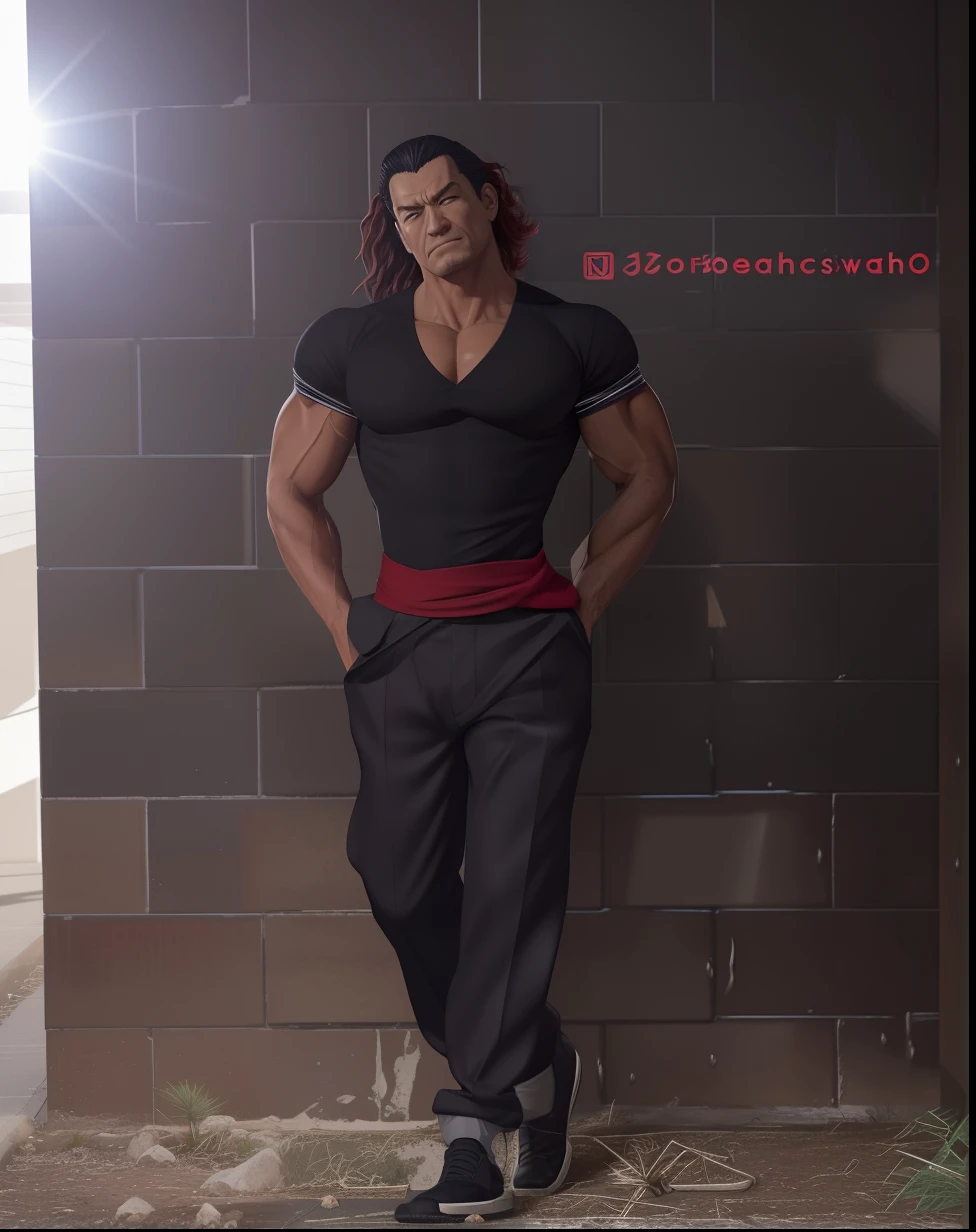 Yujiro hanma realistic version,a hand in his pocket,corpo detalhado,4k,Full HD,rosto detalhado, cabelo vermelho, roupa preta