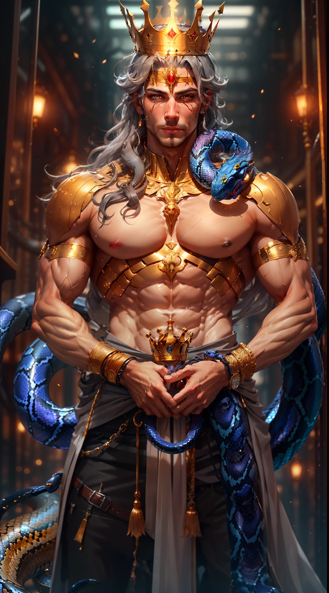 A man with a golden skin and the olive eyes and long dark grey hair and the crown of cobra snake