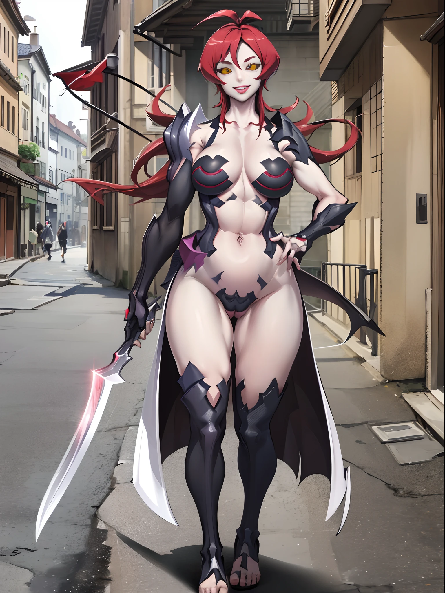 witch blade, long hair, red hair, yellow eyes, colored sclera, black sclera, bikini armor,amaha masane, walking, smile, medieval village, flipflops