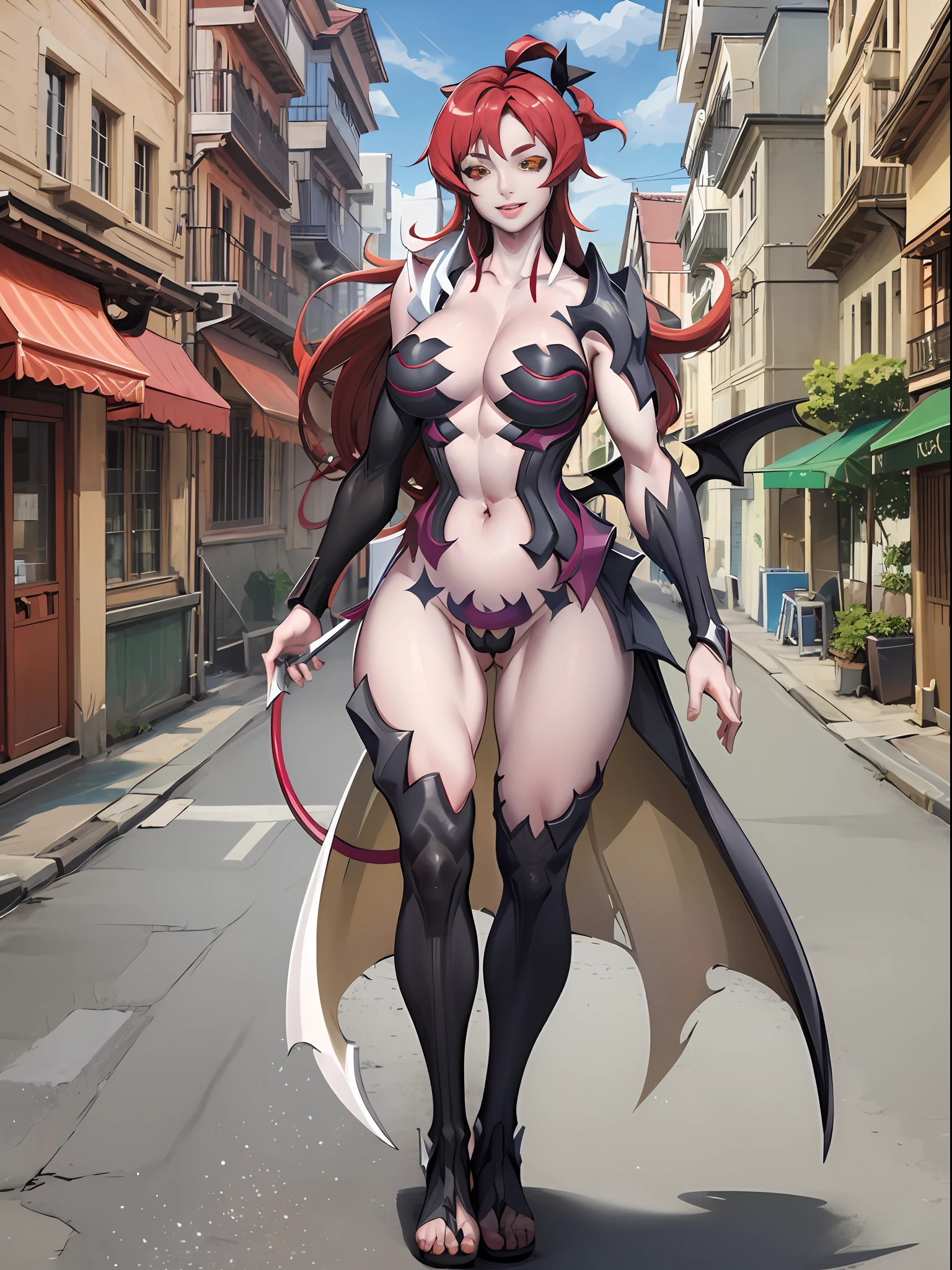 witch blade, long hair, red hair, yellow eyes, colored sclera, black sclera, bikini armor,amaha masane, walking, smile, medieval village, flipflops