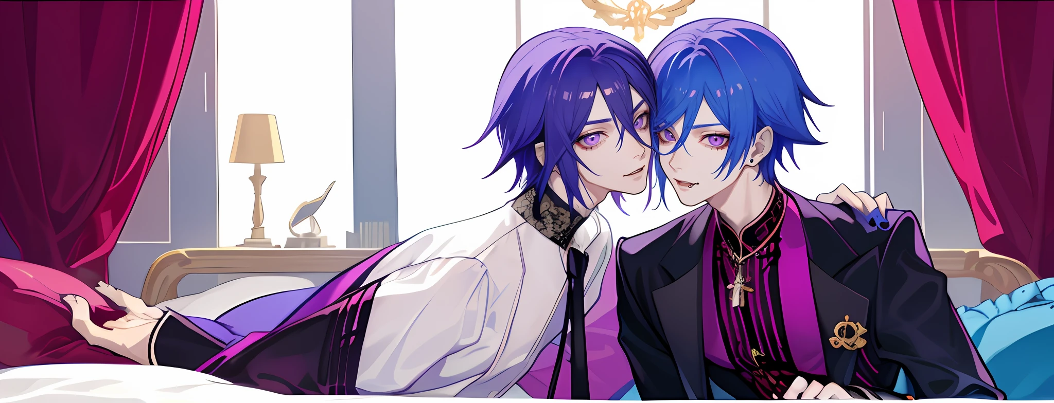 masterpiece, top-quality, 2Others, Male couple, 1 man and 1,, Adults, Height difference, different fashion, different color, finely eye and detailed face, intricate detailes, Casual clothing, Oversized shirt, Modern urban streets, Hands on back, A smile, Happiness, tenderness, queers, high-level image quality、 Two beautiful men、tall、Push the bed down、Trying to kiss、window、nightfall、nighttime scene、𝓡𝓸𝓶𝓪𝓷𝓽𝓲𝓬、Korean Male, Idol Photos, k pop, Professional Photos, Vampires, Korean fashion in black and white, Fedoman with necklace, inspired by Sim Sa-jeong, androgynous vampire, :9 detailed face: 8, extra detailed face, detailed punk hair, ((eyes are brown)) baggy eyes, Seductive. Highly detailed, semi realistic anime, Vampires, hyperrealistic teen, delicate androgynous prince, imvu, short hair above the ears, Man with short hair, Purple-haired man with a glaring expression and a man with light blue hair with a gentle expression, With a short-haired man with bright purple hair, Man with light blue hair