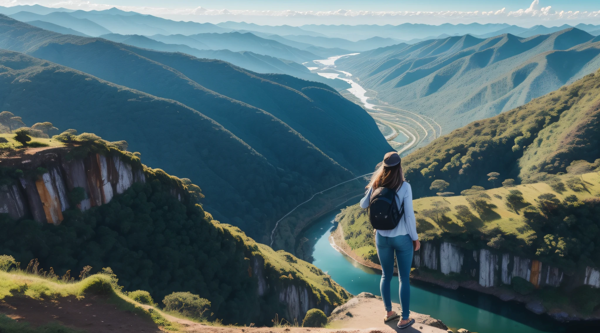 Uma mulher de 21 anos, no topo de um mirante natural, with long-sleeved blouse and jeans with backpack on the back, Looking at the vast sky, belo horizonte, extremely tense and dramatic pictures, efeitos visuais em movimento, brilho natural colorido, paisagem extasiante, paradis, imponentes montanhas ao lado leste, sol brilhando entre elas, iluminando o vale, Campos extensos de videira, Uvas, surrounded by araucaria forests, The winding river bathed in sunshine and flowed calmly until it disappeared among the mountains, The river was the color of liquid gold, Cloudless blue sky, lindo amanhecer, obra-prima, melhor qualidade, retrato.
