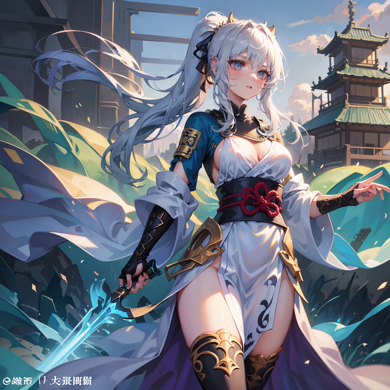 masterpiece、top-quality、 full bodyesbian、 The girl in the Japan combat uniform is、Wielding a mysterious sword、Stand with determination。 detailed skin textures、Detailed Cloth Texture、beautifull detailed face、intricate-detail、ultra-detailliert、CGSetsoty Trends、Fantasyart、beautiful character painting、guweiz、Full body Wuxia、epic exquisite character art、Stunning character art、silber hair、Long ponytail