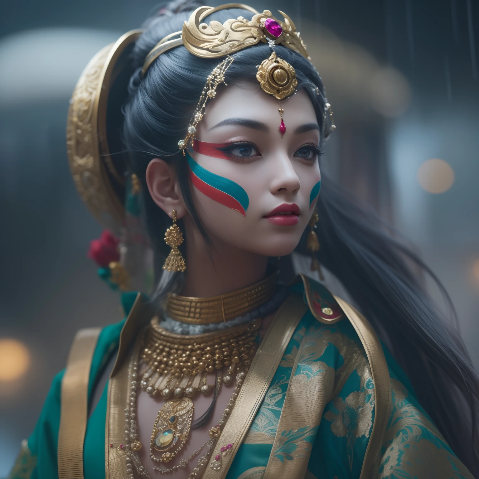 masterpiece、top-quality、 Look into the distance、full body, cinematic portrait shot of kathakali dancer in urban clothing standing in the rain。 detailed skin textures、Detailed Cloth Texture、beautifull detailed face、intricate-detail、ultra-detailliert、CGSetsoty Trends、Fantasyart、beautiful character painting、guweiz、Full body Wuxia、epic exquisite character art、Stunning character art、silber hair、Long ponytail
