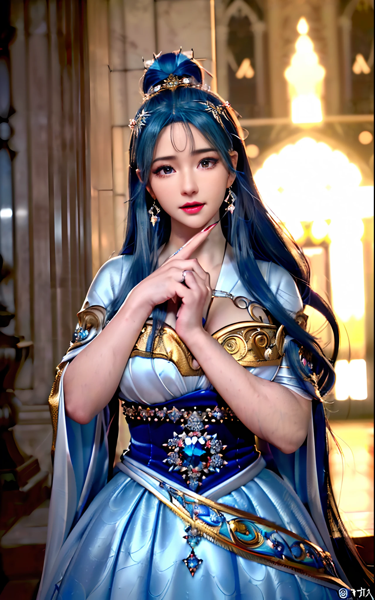((realisticity: 1.2)), ((realistic: 8K UHD)), ((best resolution: 8K UHD)), hyper detailed, best quality,masterpiece,highres,cg, ((1 girl hyper detailed and hyper realistic) ) , ((beautiful queen, hyper realistic and hyper detailed)),((white skin, beautiful, smooth, youthful, hyper realistic and hyper detailed )), ((Face hyper beautiful, white, hyper realistic and hyper detailed ) ), long hair, ((hyper realistic and hyper detailed dress)), solo, ((hyper realistic, hyper beautiful, beautiful and hyper detailed jewelry)), ((hyper beautiful deep red and golden yellow dress, hyper realistic and hyper detailed )) , ((Her pretty, hyper realistic, hyper detailed diamond filled earrings)), ((Her gorgeous diamond haircut, hyper realistic and hyper detailed)), ((hyper pretty upper body, hyper beautiful, hyper realistic and hyper detailed) ), ((medium breast: 1.1)), ((hyper realistic, hyper pretty, hyper detailed boobs)), ((the backgroun of the royal palace is hyper majestic, hyper realistic and hyper detailed)),((hands and palms hyper beautiful, hyper detailed, hyper realistic)), ((hyper detailed and hyper realistic fingers and fingernails)), ((hyper pretty fingernails, hyper vivid, hyper detailed, hyper realistic)), ((thumb, index finger, middle finger, ring finger, little finger hyper vivid, hyper pretty, hyper detailed, hyper realistic)),  
((hyper beautiful fingers, hyper detailed, and hyper realistic)), ((posture not too fat and not too thin, hyper realistic, hyper detail)), ((hyper pretty, hyper pretty, hyper realistic and hyper detailed hair bun)), ((hyper pretty , hyper realistic and hyper detailed blue hair)), candid, Photo, high resolution, 8k , bokeh,