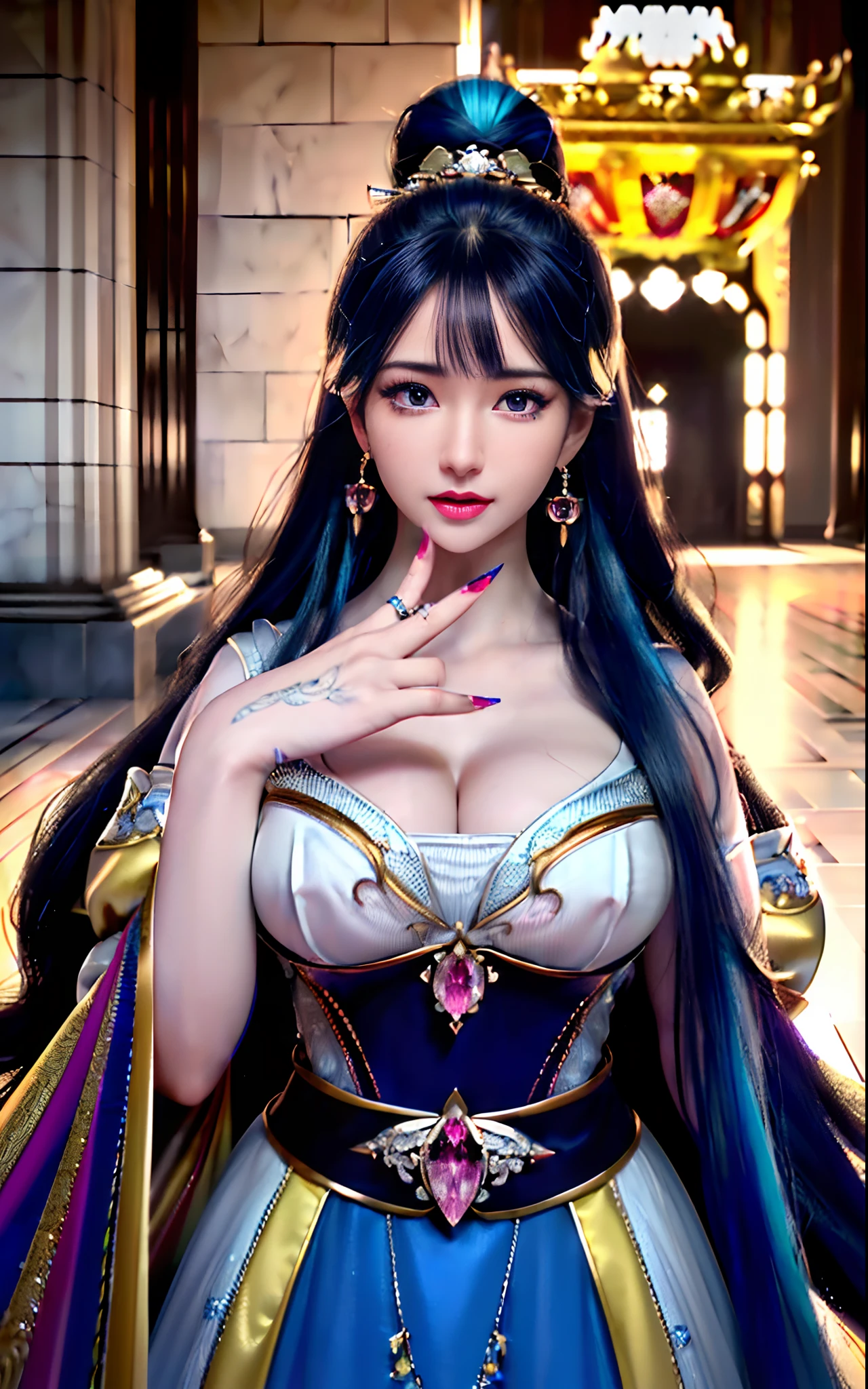 ((realisticity: 1.2)), ((realistic: 8K UHD)), ((best resolution: 8K UHD)), hyper detailed, best quality,masterpiece,highres,cg, ((1 girl hyper detailed and hyper realistic) ) , ((beautiful queen, hyper realistic and hyper detailed)),((white skin, beautiful, smooth, youthful, hyper realistic and hyper detailed )), ((Face hyper beautiful, white, hyper realistic and hyper detailed ) ), long hair, ((hyper realistic and hyper detailed dress)), solo, ((hyper realistic, hyper beautiful, beautiful and hyper detailed jewelry)), ((hyper beautiful deep red and golden yellow dress, hyper realistic and hyper detailed )) , ((Her pretty, hyper realistic, hyper detailed diamond filled earrings)), ((Her gorgeous diamond haircut, hyper realistic and hyper detailed)), ((hyper pretty upper body, hyper beautiful, hyper realistic and hyper detailed) ), ((medium : 1.1)), ((hyper realistic, hyper pretty, hyper detailed )), ((the backgroun of the royal palace is hyper majestic, hyper realistic and hyper detailed)),((hands and palms hyper beautiful, hyper detailed, hyper realistic)), ((hyper detailed and hyper realistic fingers and fingernails)), ((hyper pretty fingernails, hyper vivid, hyper detailed, hyper realistic)), ((thumb, index finger, middle finger, ring finger, little finger hyper vivid, hyper pretty, hyper detailed, hyper realistic)),  
((hyper beautiful fingers, hyper detailed, and hyper realistic)), ((posture not too fat and not too thin, hyper realistic, hyper detail)), ((hyper pretty, hyper pretty, hyper realistic and hyper detailed hair bun)), ((hyper pretty , hyper realistic and hyper detailed blue hair)), candid, Photo, high resolution, 8k , bokeh,