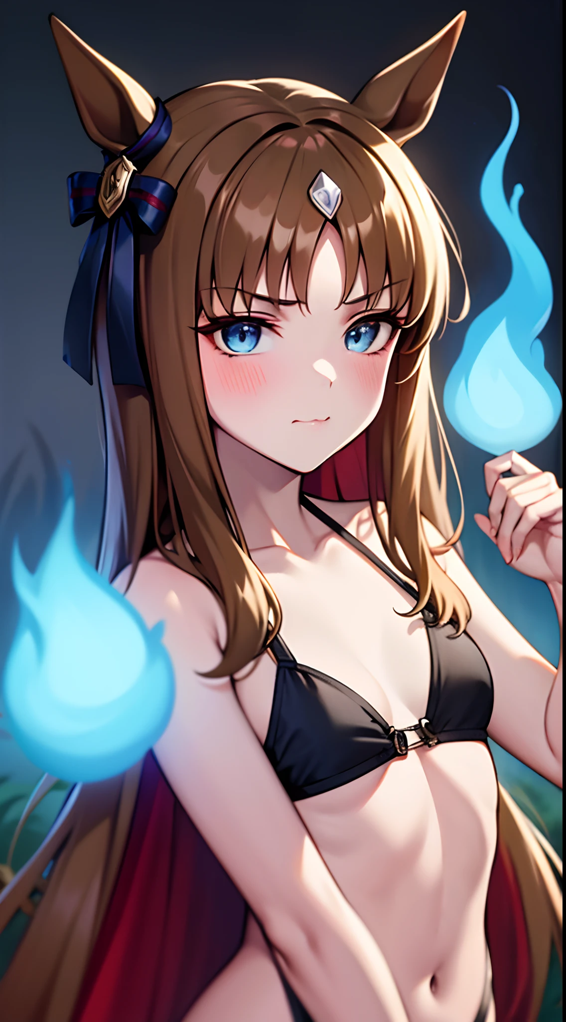 masterpiece,top-quality, Best Quality,{{{1 woman}}},独奏,{{{Glass Wonder\Umamusume}}},brown colored long hair,{{{white diamond-shaped pattern on the hair on the head,}}},{{{horse ear}}}, red blush,a closed mouth,Blue Eyes,small tits,{{{small tits}}},{{{black bikinis}}},{{{Black ruffles}}},Upper body only photos,Glaring at viewers,natta,{{{Blue Flame}}},{{{The subject is in blue flames}}},{{{Holding a naginata with both hands}}},{{{Swing the naginata down towards the viewer}}},