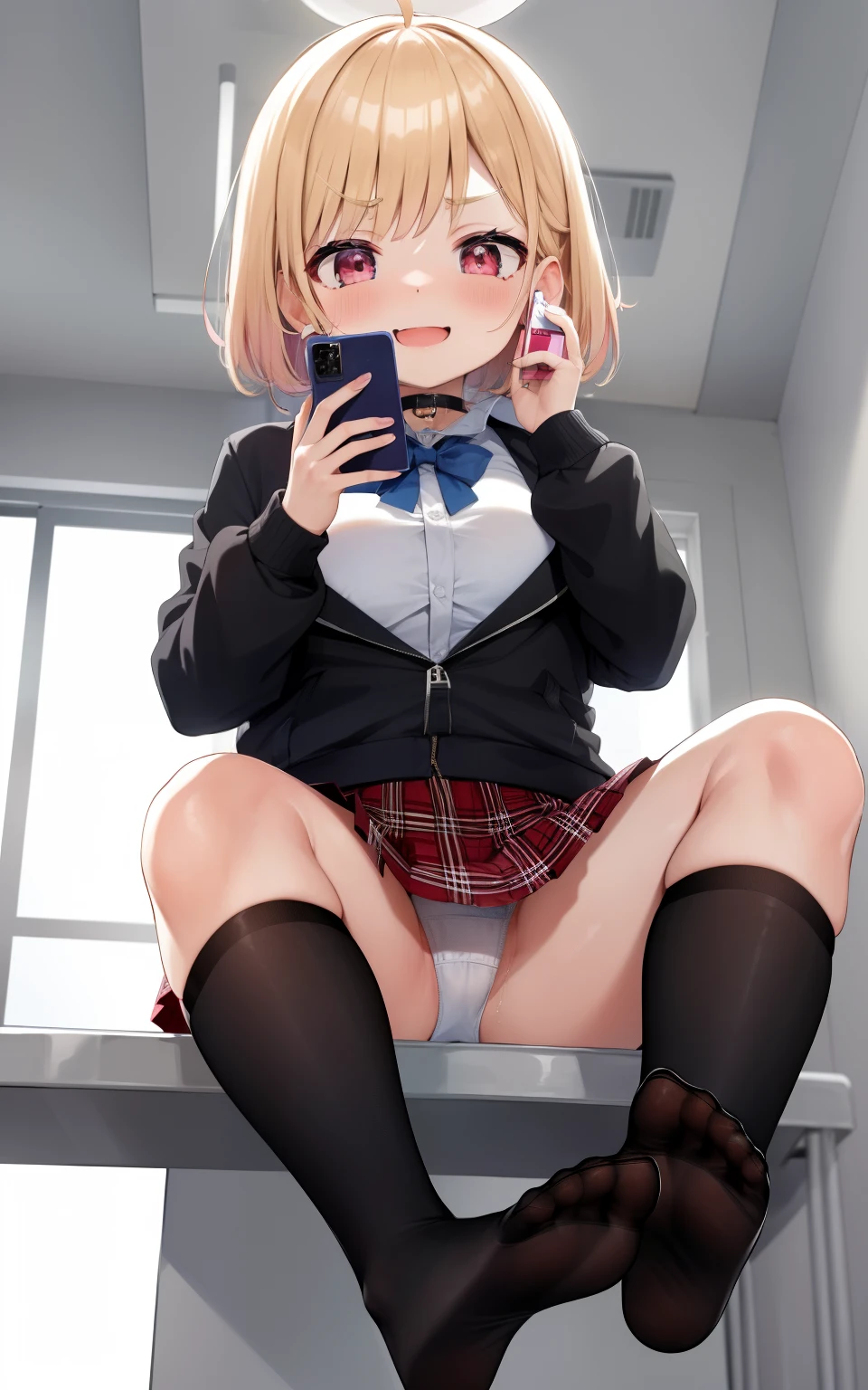 (mobile phone:1.4)、(holding cell phone:1.3)、masterpiece, top-quality, Hi-Res, HS1, red eyes, Pink cardigan, Black stockings, plaid skirts, a black choker, garter strap, 校服, Black jacket, Open jacket,a short bob、 A smile、(:1.2)、Sit up、huge tit、(a blond)、malicious smile、(ultra gigantic tits:1.3)、Troubled eyebrows、Open your mouth and laugh、Classroom、Queen、sit on desk、(Looking from below:1.4)、white panties、(sole of feet:1.2)、(Bring the soles of your feet closer to your audience:1.3),loli boobs、ridicule