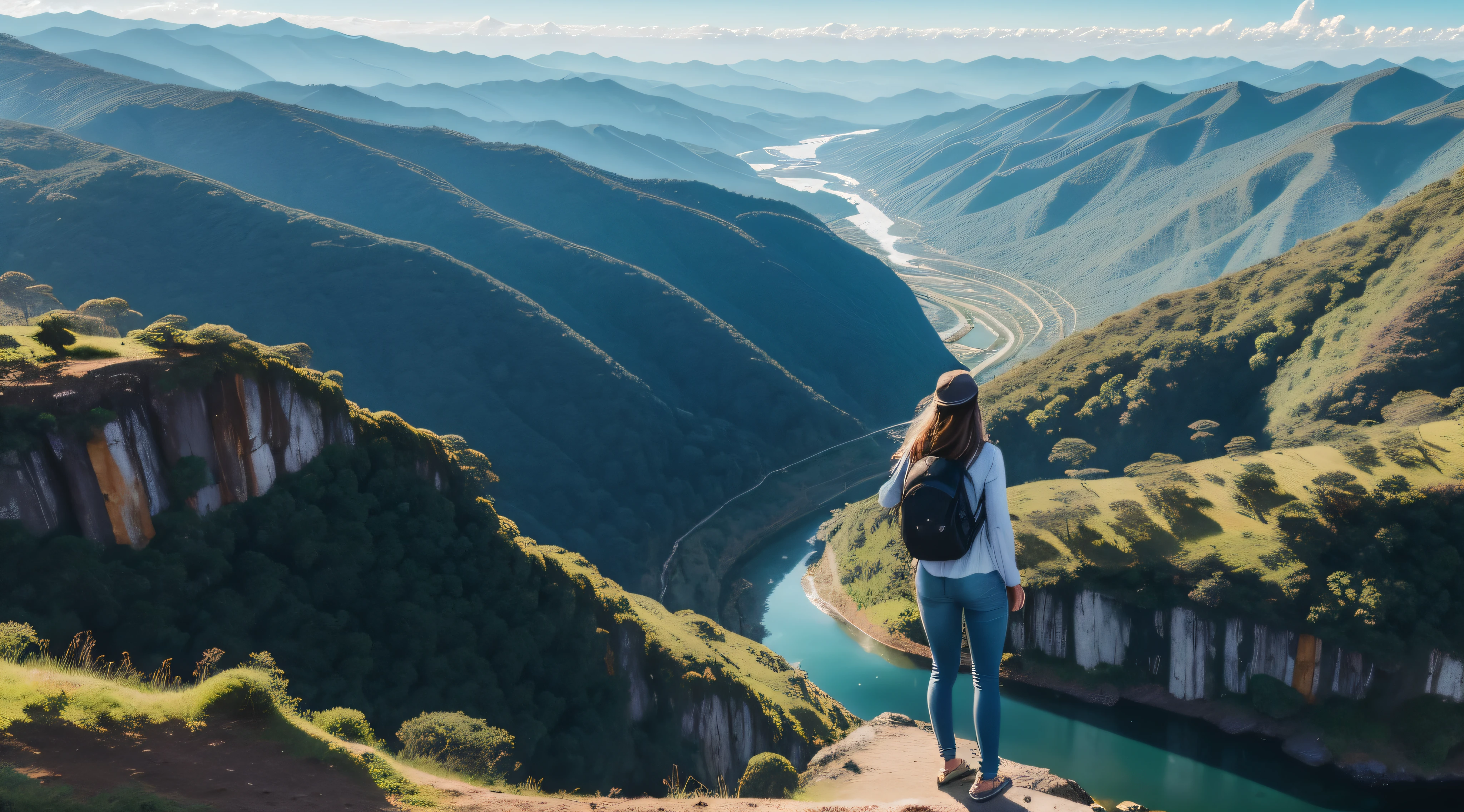 Uma mulher de 21 anos, no topo de um mirante natural, with long-sleeved blouse and jeans with backpack on the back, Looking at the vast sky, belo horizonte, extremely tense and dramatic pictures, efeitos visuais em movimento, brilho natural colorido, paisagem extasiante, paradis, imponentes montanhas ao lado leste, sol brilhando entre elas, iluminando o vale, Campos extensos de videira, Uvas, surrounded by araucaria forests, The winding river bathed in sunshine and flowed calmly until it disappeared among the mountains, The river was the color of liquid gold, Cloudless blue sky, lindo amanhecer, obra-prima, melhor qualidade, retrato.