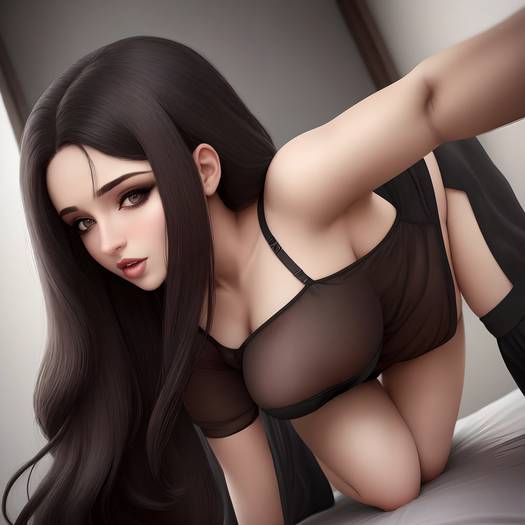 Mulher realista , branca , cabelo preto, olhos azuis, totalmente despida, em ato sexual com homem sarado de penetrando o orgao sexual feminino da mulher , in position four supports