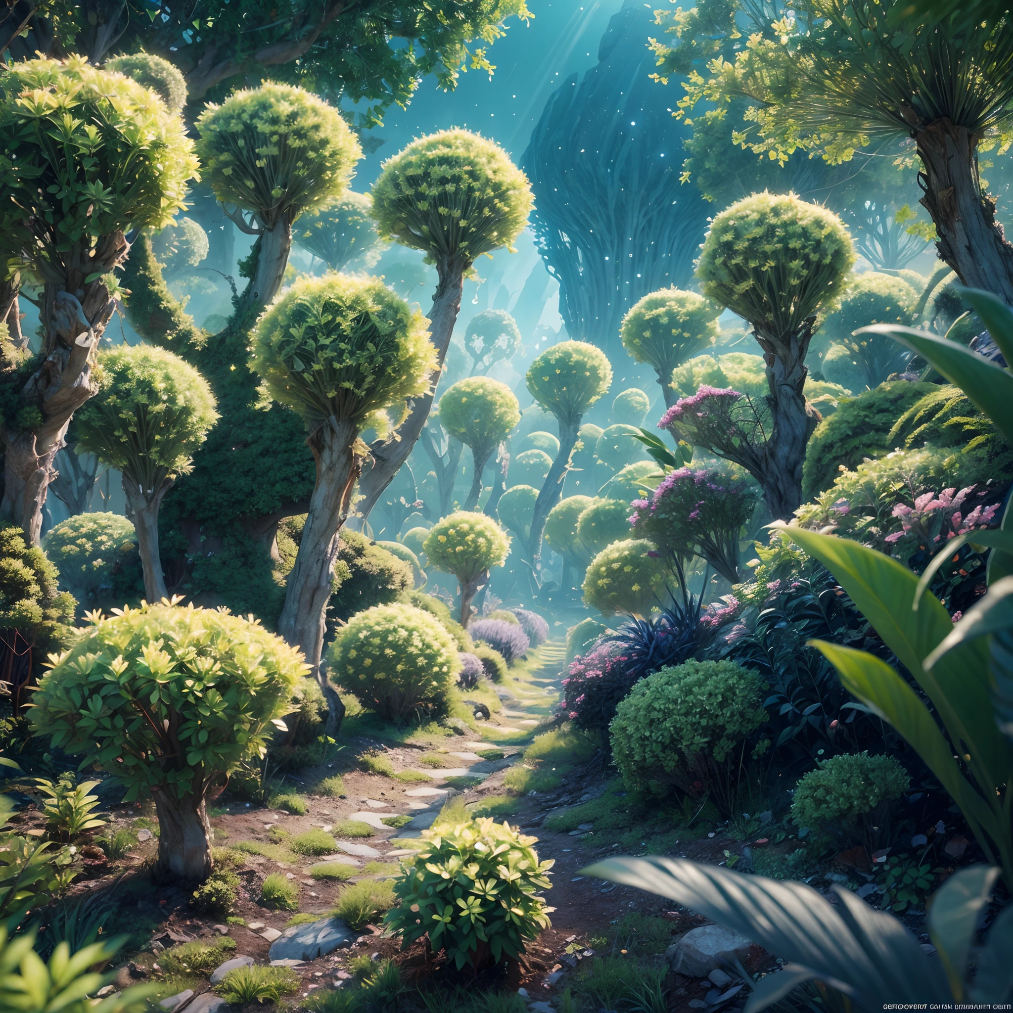 depth of field, human colony on unknown planet, clean white structures, bright vibrant colored vegetation, bioluminescent plants, hyperrealism, highly detailed, insanely detailed, lush detail, filigree, intricate, crystalline, global illumination, cosmonaut, LSD, lens flare