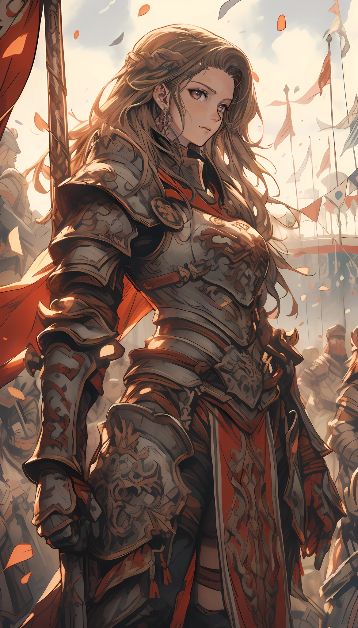anime - style image of a woman in armor standing in front of a crowd of people, female paladin, graphic artist magali villeneuve, gorgeous female paladin, detailed game art illustration, female knight, portrait of female paladin, by Yang J, portrait knight female, cushart krenz key art feminine, magali villeneuve', detailed fantasy art