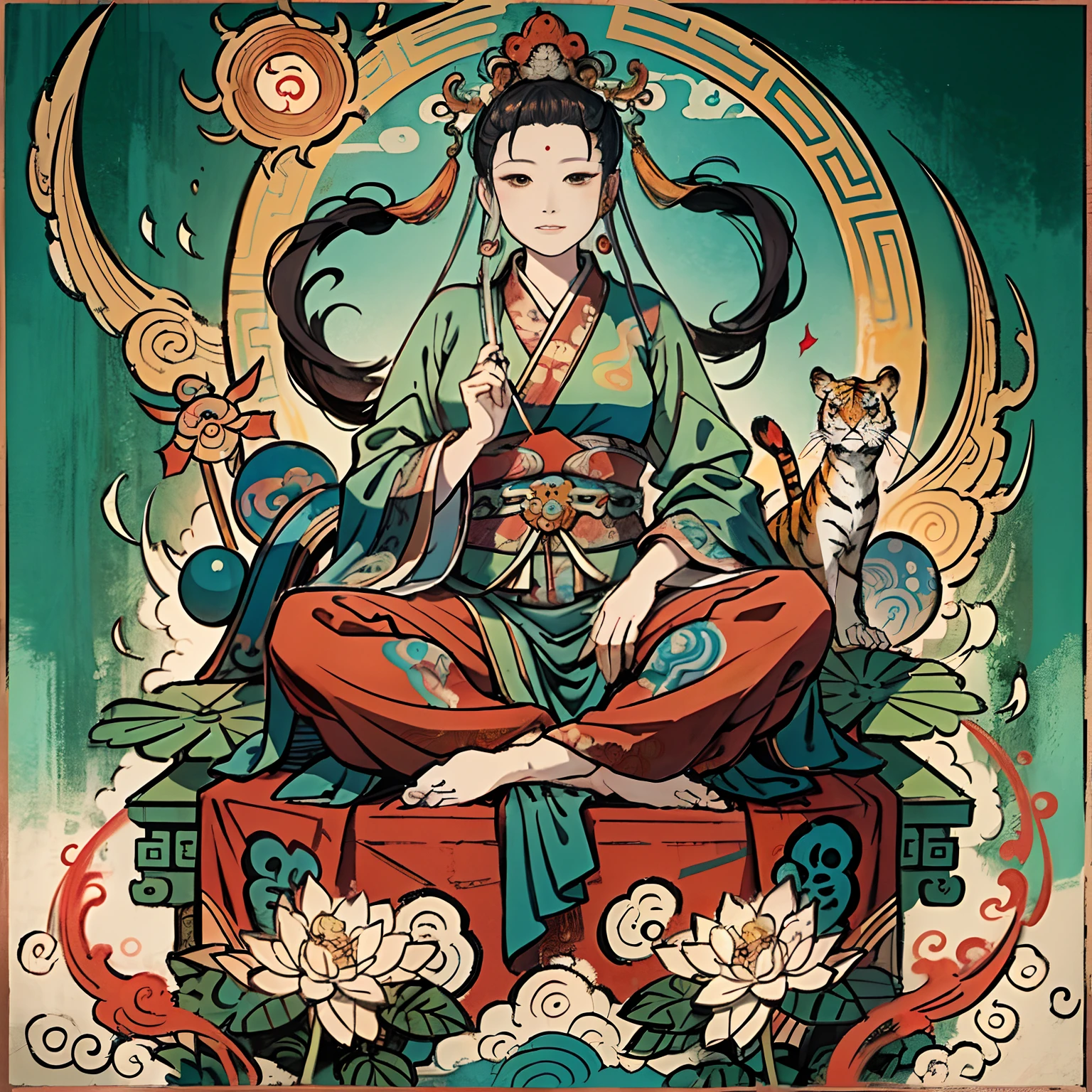 an ancient Chinese goddess, guanyin of the southern seas, Guanyin, Inspired by India, Avalokiteshvara rides a tiger,,Serene expression,shui mo hua,Buddha,Buddhist,Lotus,Chinese painting style,Thangka style