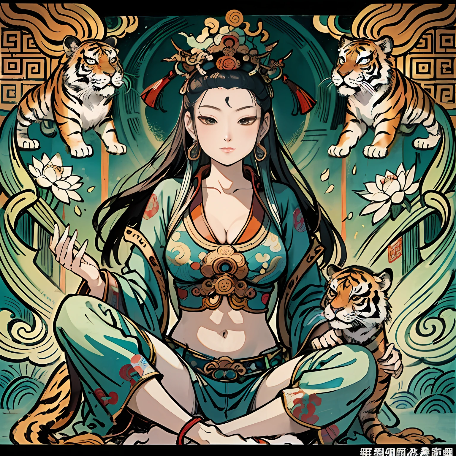an ancient Chinese goddess, guanyin of the southern seas, Guanyin, Inspired by India, Avalokiteshvara rides a tiger,,Serene expression,shui mo hua,Buddha,Buddhist,Lotus,Chinese painting style,Thangka style