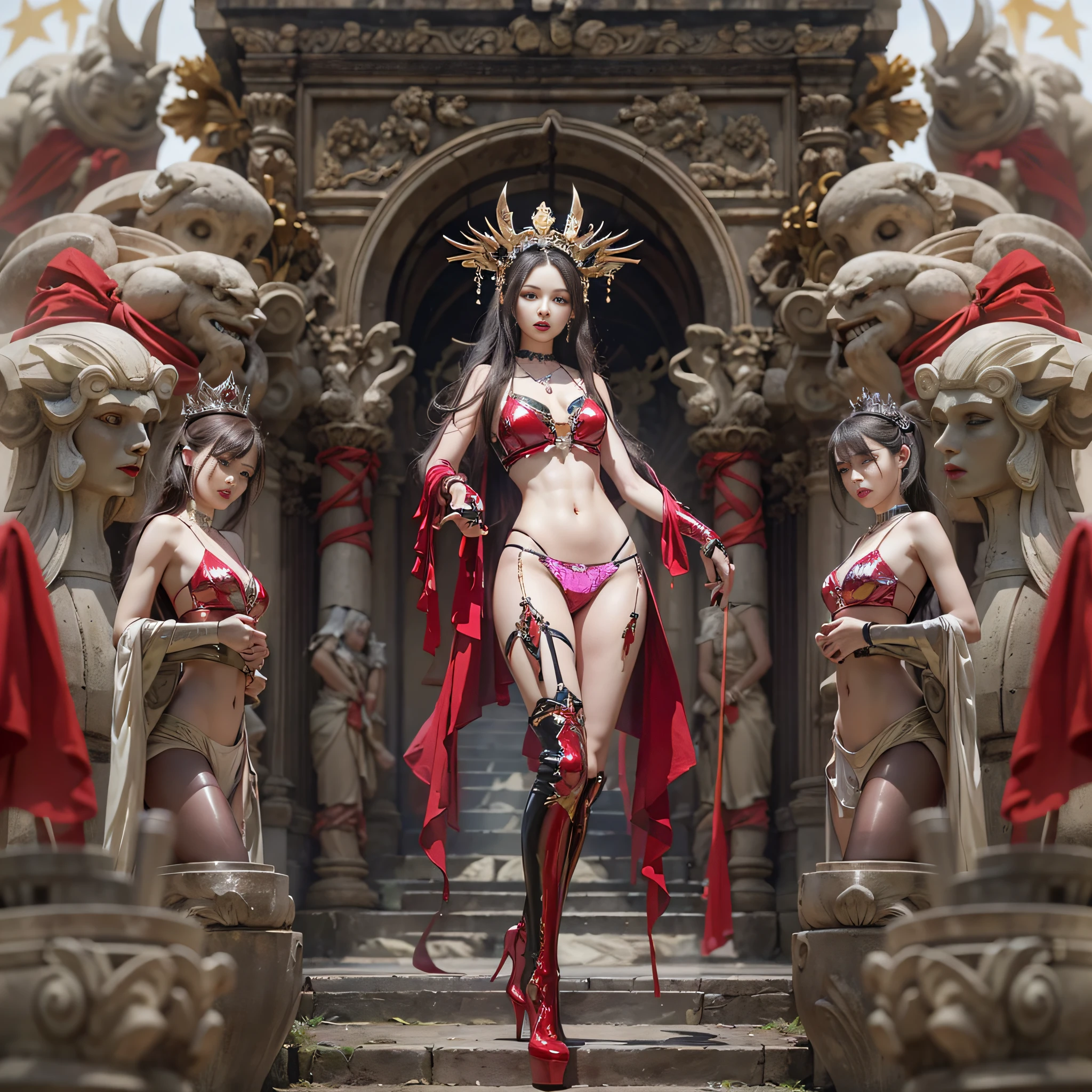 ((​masterpiece:1.4)、(top-quality:1.4)、(reallistic:1.7))、Beautiful girl strolling in the garden of fantastic ancient city、Sexy Daughter、Super beautiful girl、1girl in:1.4、Dress like a queen、Glossy luxury latex、Luxury Latex Bodysuit、By Luis Royo、age19、Super Ultra Ultra Bikini、Outstanding style、(Two legs are drawn correctly:1.7)、(Two arms:1.4)、anatomical correct、Slender Abs、(beauty legs:1.4)、beautiful countenance、kawaii faces、Beautiful ass、A detailed eye、beautidful eyes、Raw photo、red-lips、Red high heels、a choker、a necklace、耳Nipple Ring、Fantasy of an ancient city、Fantasy worldview