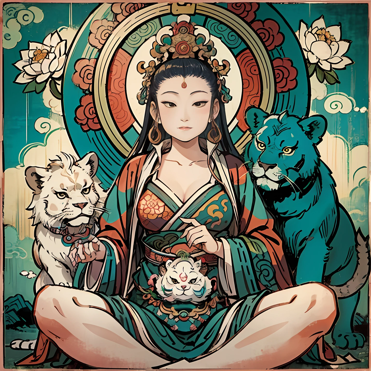 an ancient Chinese goddess, guanyin of the southern seas, Guanyin, Inspired by India, Avalokiteshvara rides a lion,,Serene expression,shui mo hua,Buddha,Buddhist,Lotus,Chinese painting style,Thangka style