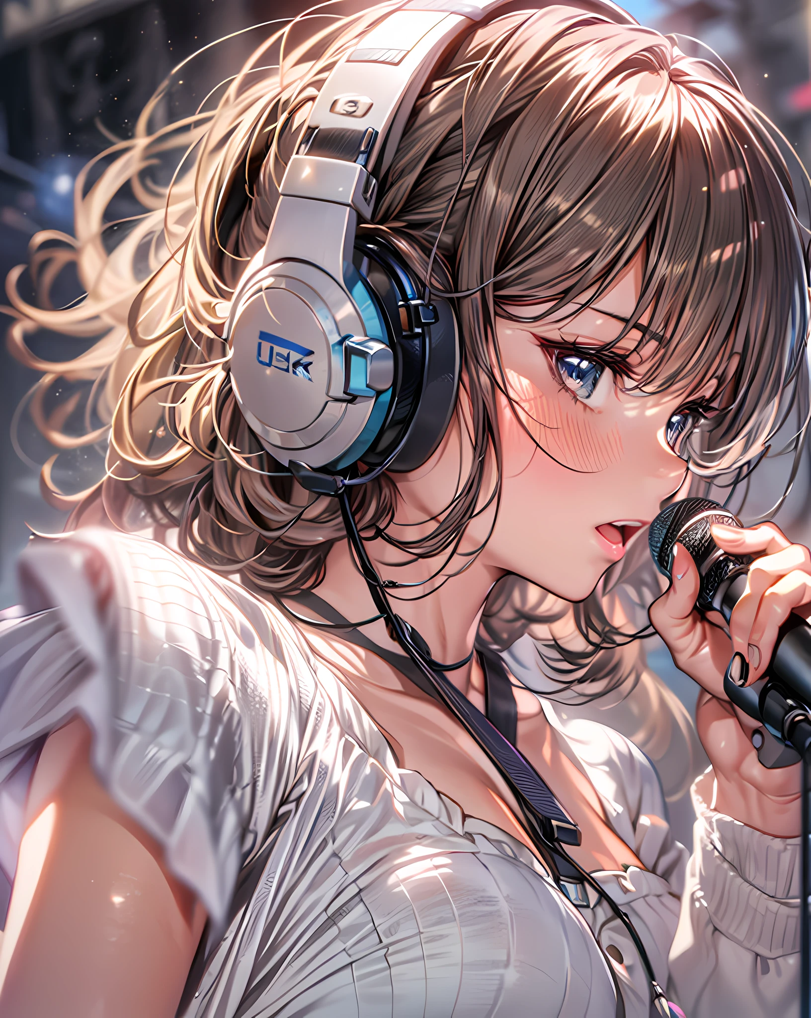 (Anime style:1.3), (Realistic, Photorealistic: 1.37), (Masterpiece, Best Quality: 1.37), (Ultra High Resolution: 1.2), (RAW Photo: 1.2), (Sharp Focus: 1.3), (Face Focus: 1.2), (Ultra Detailed CG Unified 8k Wallpaper: 1.2), (Beautiful Skin: 1.2), (pale Skin: 1.3), (Hyper Sharp Focus: 1.5), (Ultra Sharp Focus: 1.5), ( Beautiful pretty face: 1.3), (Japanese actress face:1.3), (super detailed background, detail background: 1.3), masterpiece, best quality, high res, ultra detailed, hyper sharp, absurdres, detailed face, white skin, real human skin, (detailed face), oval face, pores, from below, low angle, looking down the viewer, ultra high res, (8k, RAW photo, photorealistic:1.4), BREAK, 1girl, slim, (large-breast:1.37, cleavage), Illustration of a scene in which an idol singer is singing enthusiastically on a live stage.
The idol singer is standing in the center of the stage.
The idol singer is wearing a mini-skirt and boots.
The idol singer has her hair up and is wearing a headset.
The idol singer is holding a microphone and singing.
The idol singer's expression is serious and powerful.
The singer's voice is strong and beautiful.
Fans are gathered around the stage.
Fans are singing and dancing along with the idol singers.
The venue is filled with excitement.
This illustration shows the passionate live performance of an idol singer. Fans are fascinated by the idol singer's voice and performance. The venue is filled with excitement and the idol singer's live performance is a success.