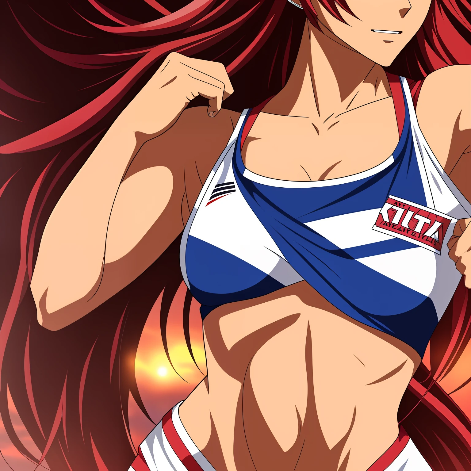 (masterpiece, armpit lines, upper body view, 4K, Best Quality, Anime style: 1.9, far view, Adult Woman, (flexing arms ), ultra detailed face, (cloud background, wrestling), Drawing lines, high resolution, Anime, lacus4), 1girl, Solo, curvy figure, Long hair, 鎖骨, scapular, (Detailed wide hair bangs, Hair Ornament, Detailed reddish-pink hair, shiny streaks, hair cover shoulders, golden crest), cleavage, large hands, (female wrestler). (Big blue eyes, shiny eyes), ((female wrestler, (slim body), , little biceps, closed fists, thighs)), ((perfect proportions, medium breasts, long belly)), (((topless, nipples, red gloves))), happy, smile, (standing, looking at the viewer)