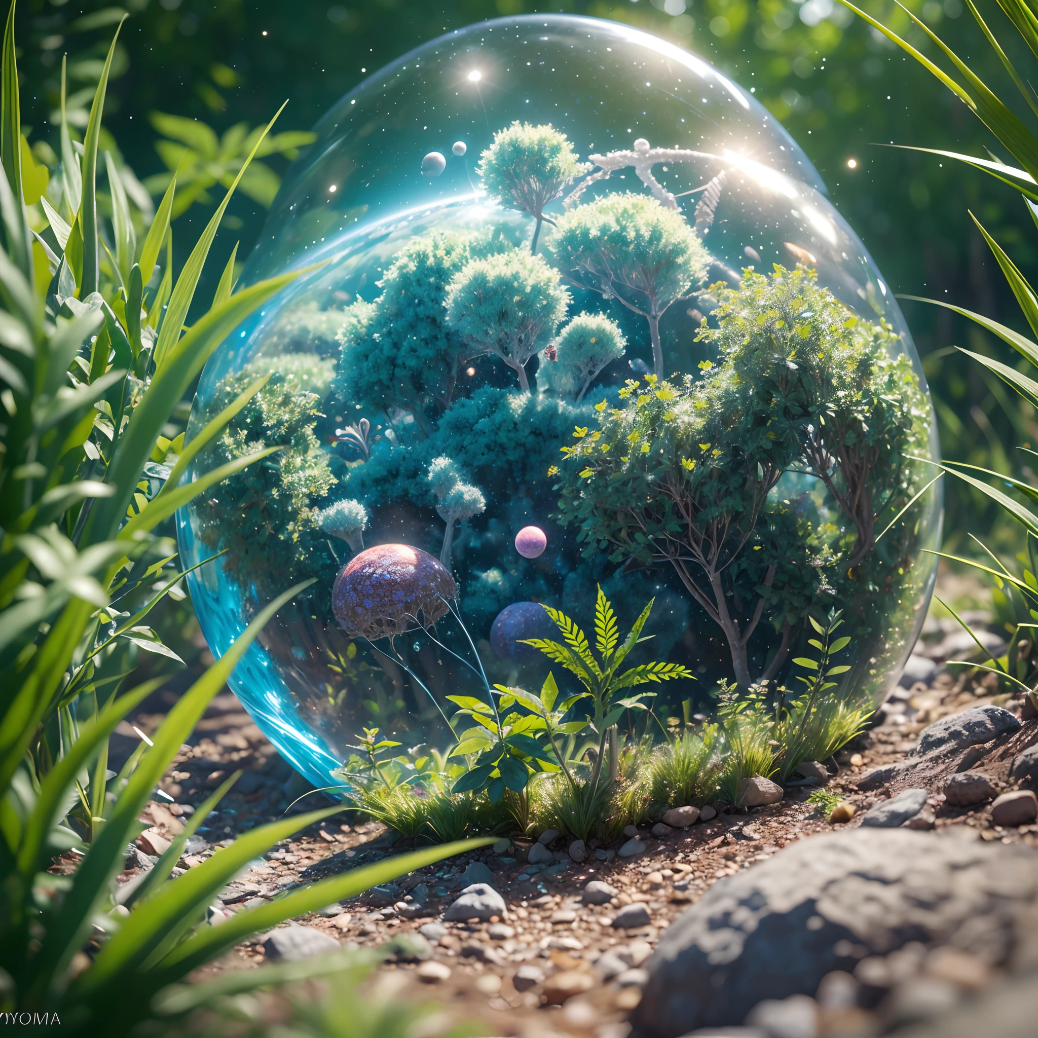 depth of field, human colony on unknown planet, clean white structures, bright vibrant colored vegetation, bioluminescent plants, hyperrealism, highly detailed, insanely detailed, lush detail, filigree, intricate, crystalline, global illumination, cosmonaut, LSD, lens flare, (tiny planets on the ground:1.4)