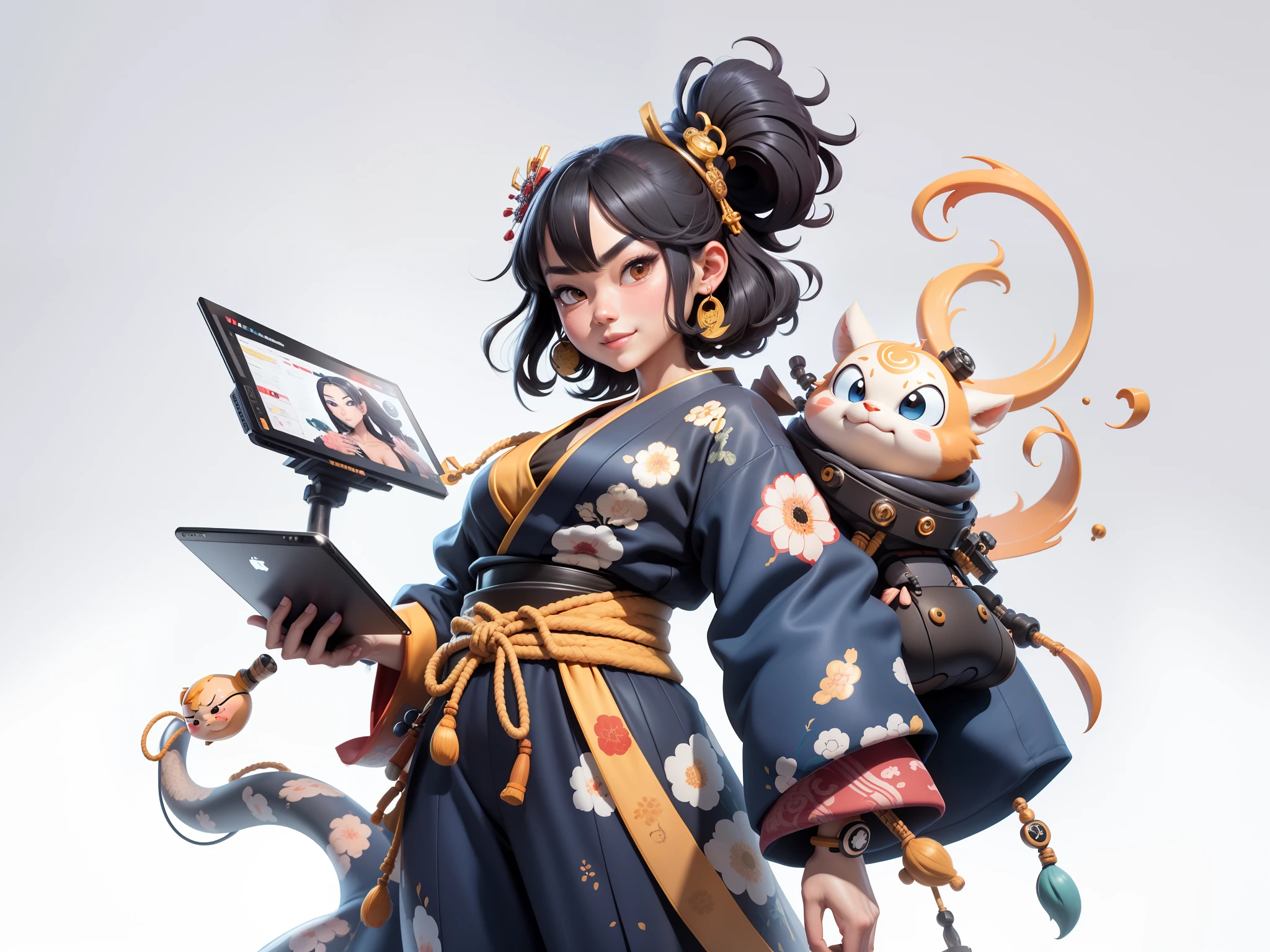 (Daisaku),(Need),(Super meticulous),(full bodyesbian:1.2),Japanese ukiyo-e girl，japanese geisha，Beautiful，Oriental dragon，Aeolian Thor，Raised sexy，爆乳，Oriental face，TV Anchor，Bust portrait illustration，Alone，In black suit，a blue tie，The face is slightly chubby，The face was clean，without a beard，Black super short hair，Black eyes，Smile confidently，3C computer sub-products，iPad， iphone，Digital painting，3D character design by Mark Clairen and Pixar and Hayao Miyazaki and Akira Toriyama，The illustration is a high-definition illustration in 4K resolution，With very detailed facial features and cartoon-style visuals。