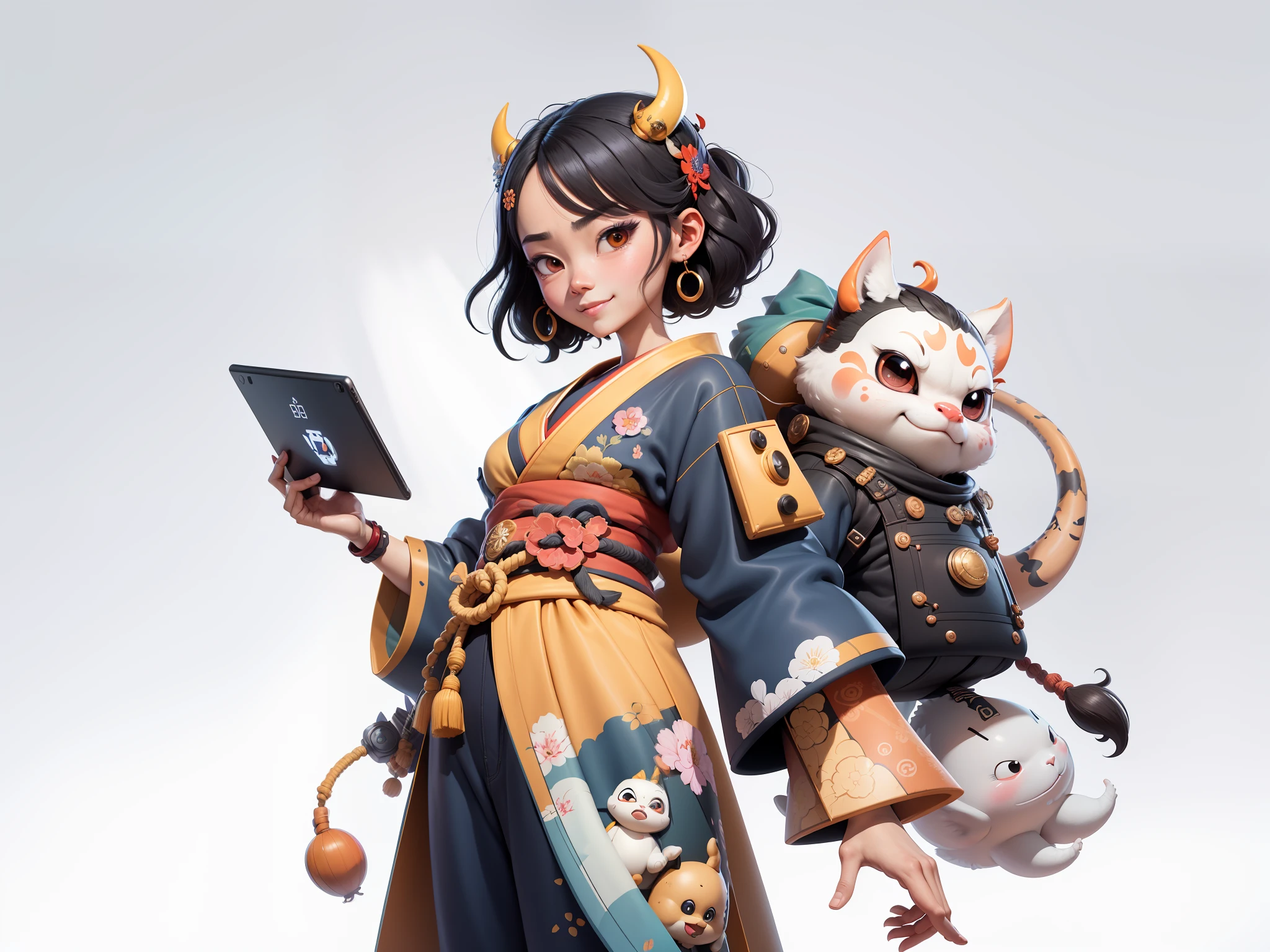 (Daisaku),(Need),(Super meticulous),(full bodyesbian:1.2),Japanese ukiyo-e girl，japanese geisha，Beautiful，Oriental dragon，Aeolian Thor，Raised sexy，爆乳，Oriental face，TV Anchor，Bust portrait illustration，Alone，In black suit，a blue tie，The face is slightly chubby，The face was clean，without a beard，Black super short hair，Black eyes，Smile confidently，3C computer sub-products，iPad， iphone，Digital painting，3D character design by Mark Clairen and Pixar and Hayao Miyazaki and Akira Toriyama，The illustration is a high-definition illustration in 4K resolution，With very detailed facial features and cartoon-style visuals。
