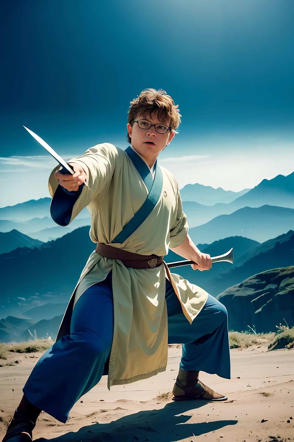 35mm film, 1 man, solo, looking at viewer, close-up, cinematic still shot of 1 man, warrior , 35mm film, (film grain), film noise, cyberpunk dark sci-fi, fog, haze, smoke, volumetric, dramatic lighting, lens flare, kodak vision 3, (((Sean Astin as Samwise Gamgee, The Lord of the Rings))), wearing Hanfu, Hanfu, (((dynamic pose, dynamic angle, fighting stance, fighting pose))), (((Holding 1 dagger, martial arts))), (golden Hanfu | red Hanfu | blue Hanfu), (((angry:1.0))), (((full-body:1.2))), ((gorgeous colorful clothing)),((gorgeous colorful Hanfu)),((royal textured Hanfu)), ancient China, ancient chinese architecture, battlefield, outdoors, cinematic lighting, Martial Arts world, sfw:1.98,