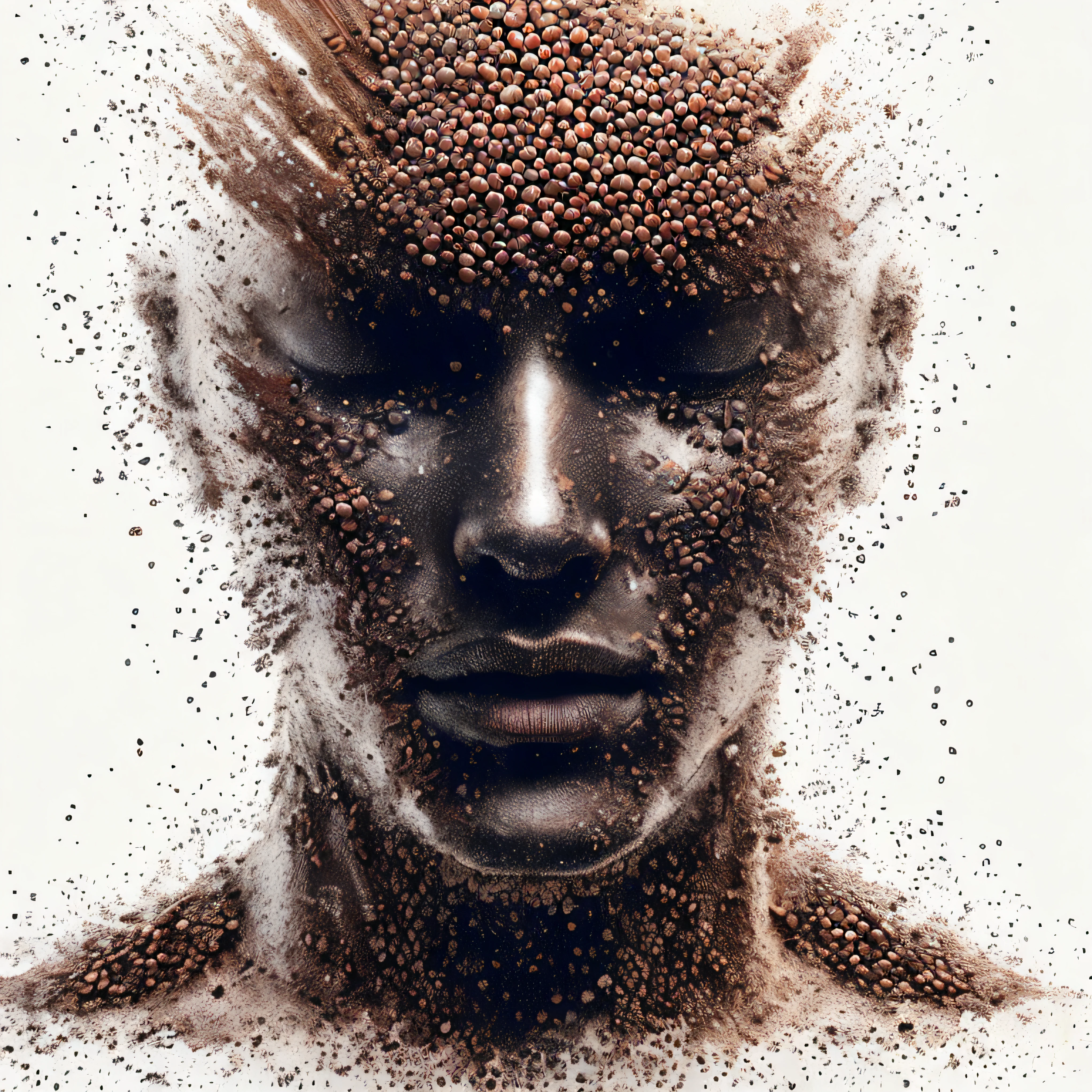 A closeup of an android with lots of coffee beans on his face, inspirado em Igor Morski, machine parts embedded into face, Arte de Alessandro Pautasso, Arte digital alucinante, rosto feito fora do planeta, Arte digital alucinante, Rosto finamente ilustrado, swimming in a pool of coffee, Sylvain Sarrail e Igor Morski, rosto derretendo no universo
