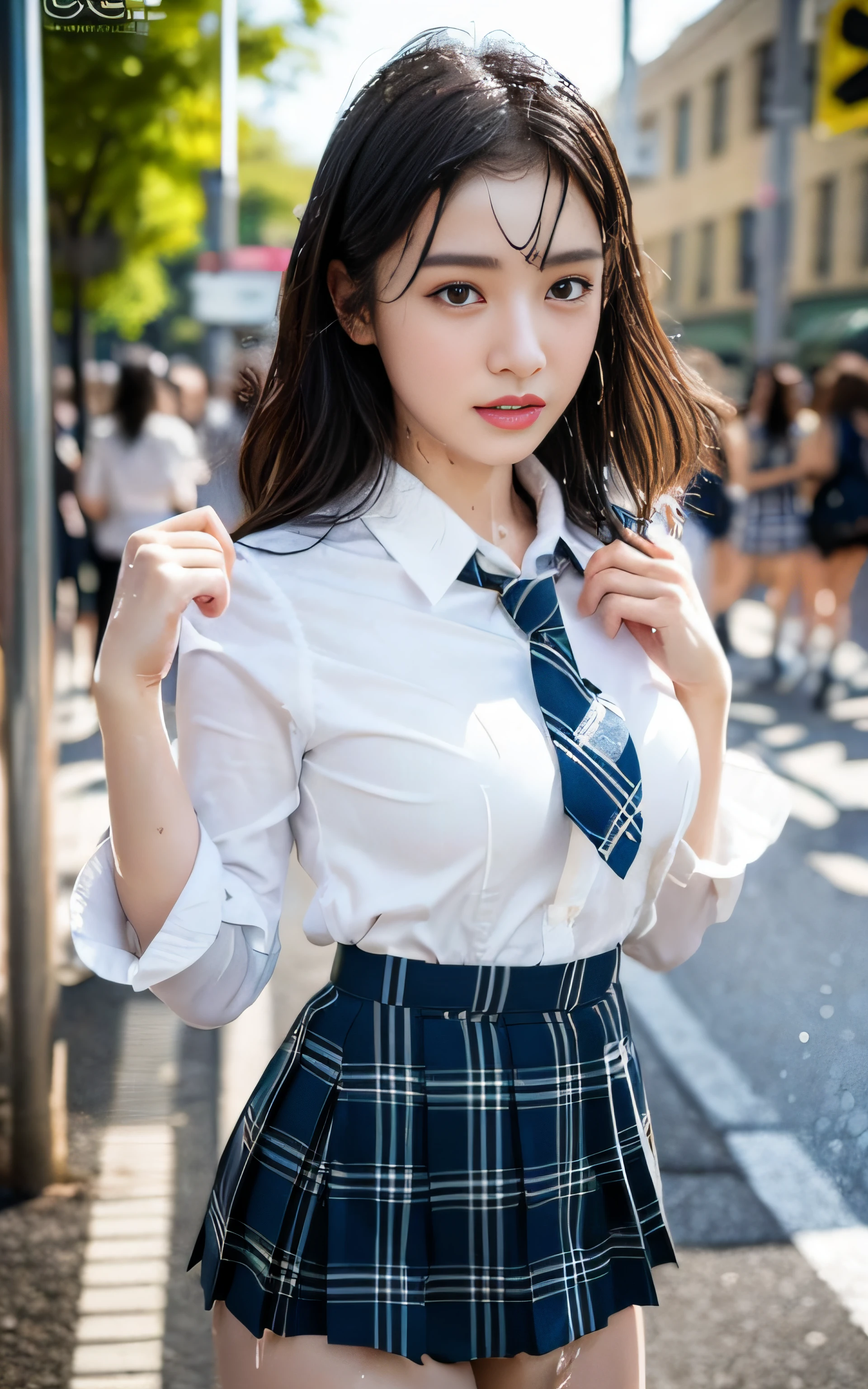 Highly detailed CG Unity 8K wallpaper、highest quality、super detailed、masterpiece、realistic、Photoreal、Highly detailed cute girl、16 years old、(High school students wearing Japanese uniforms)、((Shooting from the front:1.4))、((dark blue bow tie:1.4))、((Sitting on a wooden chest:1.4))、blush、split lips、looking at the viewer、semi body shot、(A room in a love hotel)、(Japan High and designated shoes)、(Navy blue short pleated skirt lift:1.5)、(Short-sleeved white shirt for students)、 (dark blue bow tie:1.2)、(Light brown long hair)、(beautiful face:1.3)、(perfect proportions:1.2)、(long legs:1.2)、(small breasts:1.3)、((white panties:1.4))、((Blouse wet in the rain、The brush is see-through))、(Bra is transparent)、(((wet hair、wet skin)))、((Upper body))、((rain outside the window:1.4))、