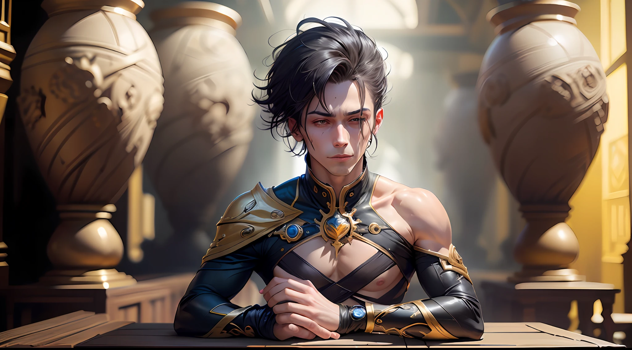 (obra-prima: 1.2, melhor qualidade), (solo),preto ( panthyhose:1.1), (Dynamic Stance), garoto assassino, (heaven), olhos azuis, Foco masculino, 1boy, Um menino de olhos negros escuros e penetrantes, that seem to reveal deep mysteries. Ele veste uma brusa regata preta escura, contrasting with her pale skin. Her hair is dark black, with white tips that give a unique touch to your look. Seus dentes, levemente afiados, they give it an enigmatic look. His tired look is evident, as well as the dark circles that highlight his exhausted appearance. A light, mocking smile appears on his lips, revealing a touch of malice. His feet are bare, conectando-o ao ambiente urbano e abandonado ao seu redor, he uses the axiom arc of the character Qiyana from League of Legends and is a prince at years and 1,50 de altura