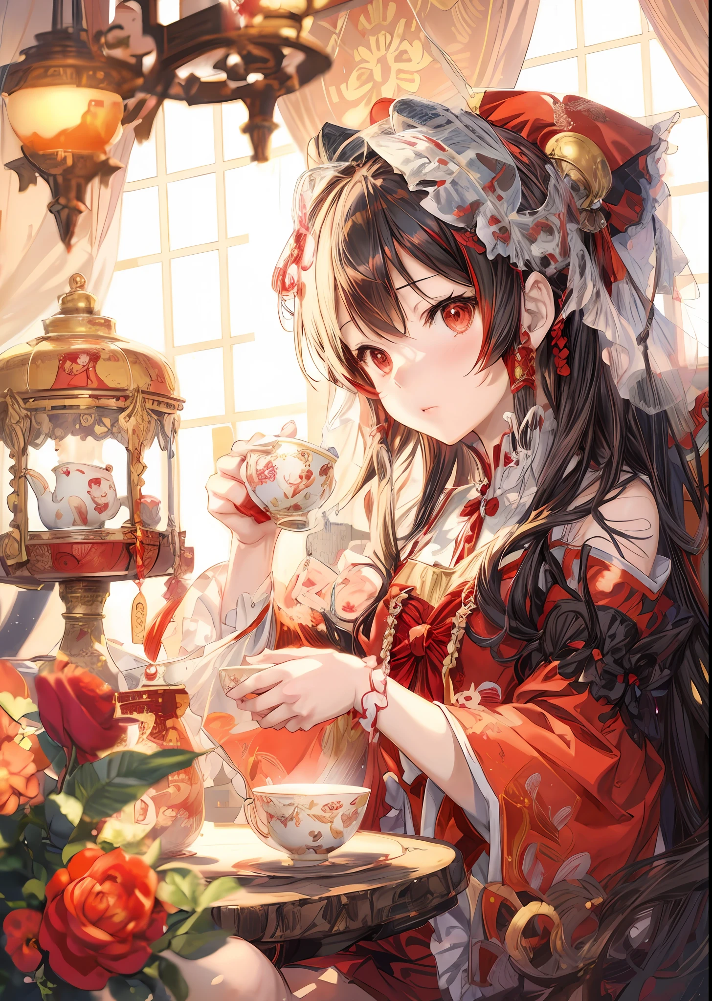 anime girl in a red dress drinking tea at a table, palace , a girl in hanfu, anime visual of a cute girl, artwork in the style of guweiz, beautiful anime art, guweiz, detailed anime art, kawacy, detailed digital anime art, artistic render of reimu hakurei, beautiful anime artwork, beautiful anime portrait