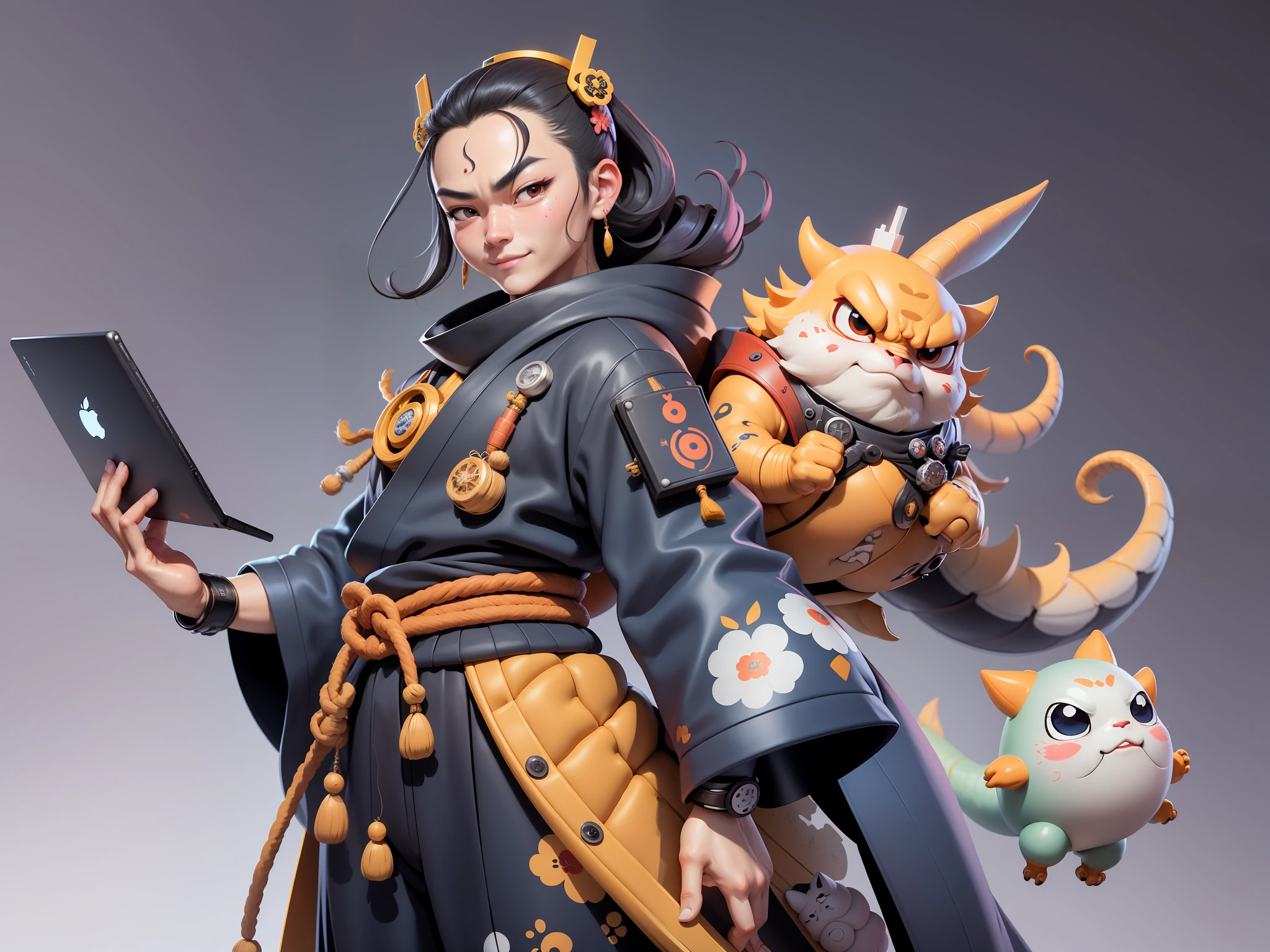 (Daisaku),(Need),(Super meticulous),(full bodyesbian:1.2),Japanese ukiyo-e girl,japanese geisha,Beautiful,Oriental dragon,Aeolian Thor,Raised sexy,爆乳,Oriental face,TV Anchor,Bust portrait illustration,Alone,In black suit,a blue tie,The face is slightly chubby,The face was clean,without a beard,Black super short hair,Black eyes,Smile confidently,3C computer sub-products,iPad, iphone,Digital painting,3D character design by Mark Clairen and Pixar and Hayao Miyazaki and Akira Toriyama,The illustration is a high-definition illustration in 4K resolution,With very detailed facial features and cartoon-style visuals。