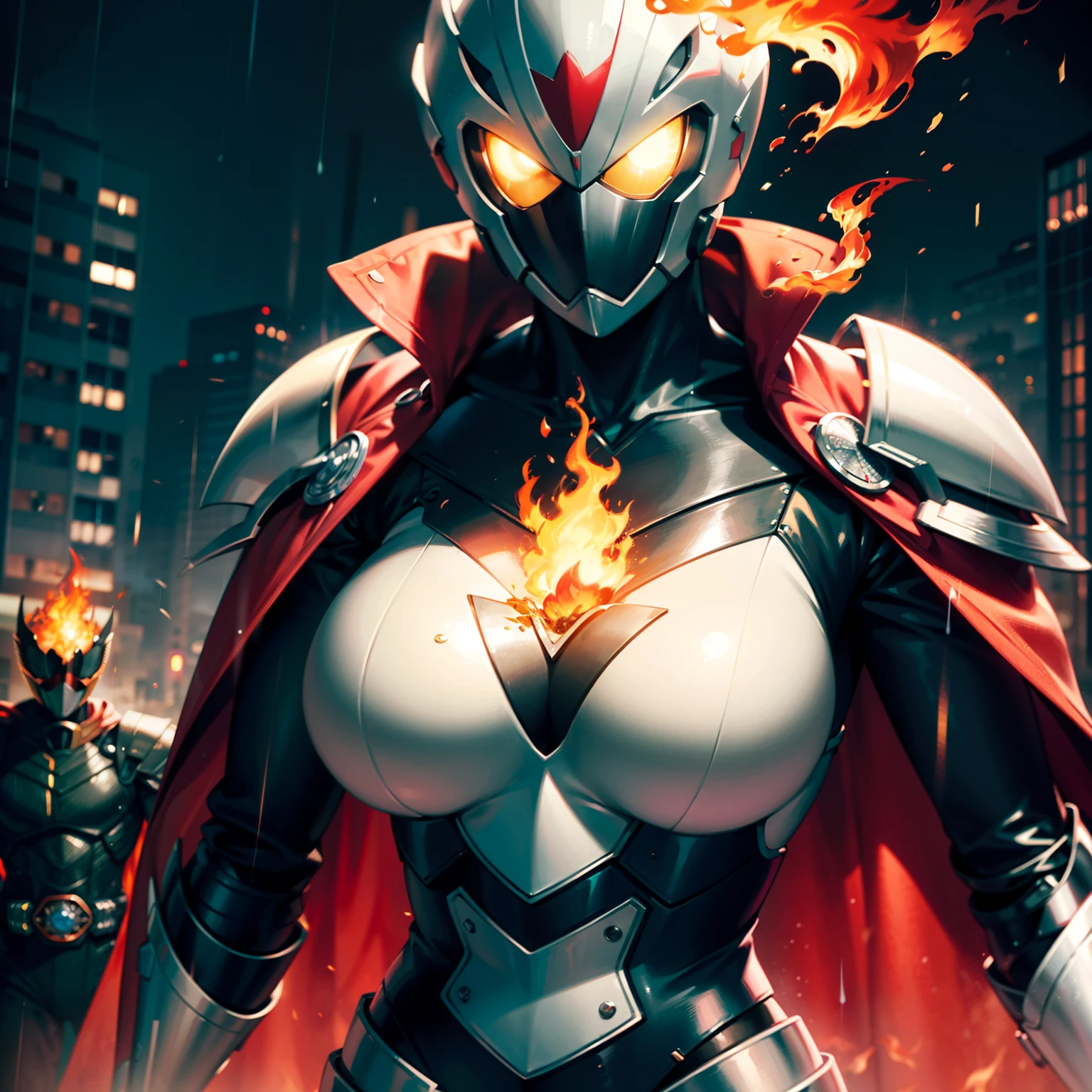 (anime big breast)Stable diffusion image of an Ultra HD masterpiece:Kamen Rider wears mechanical armor,Red eyes sparkle,With a close-up of the side,The red cloak flutters,Magical powers surround,The flame burns,Raindrops fall,An atmosphere of sadness lingers,Show powerful domineering destructive power。