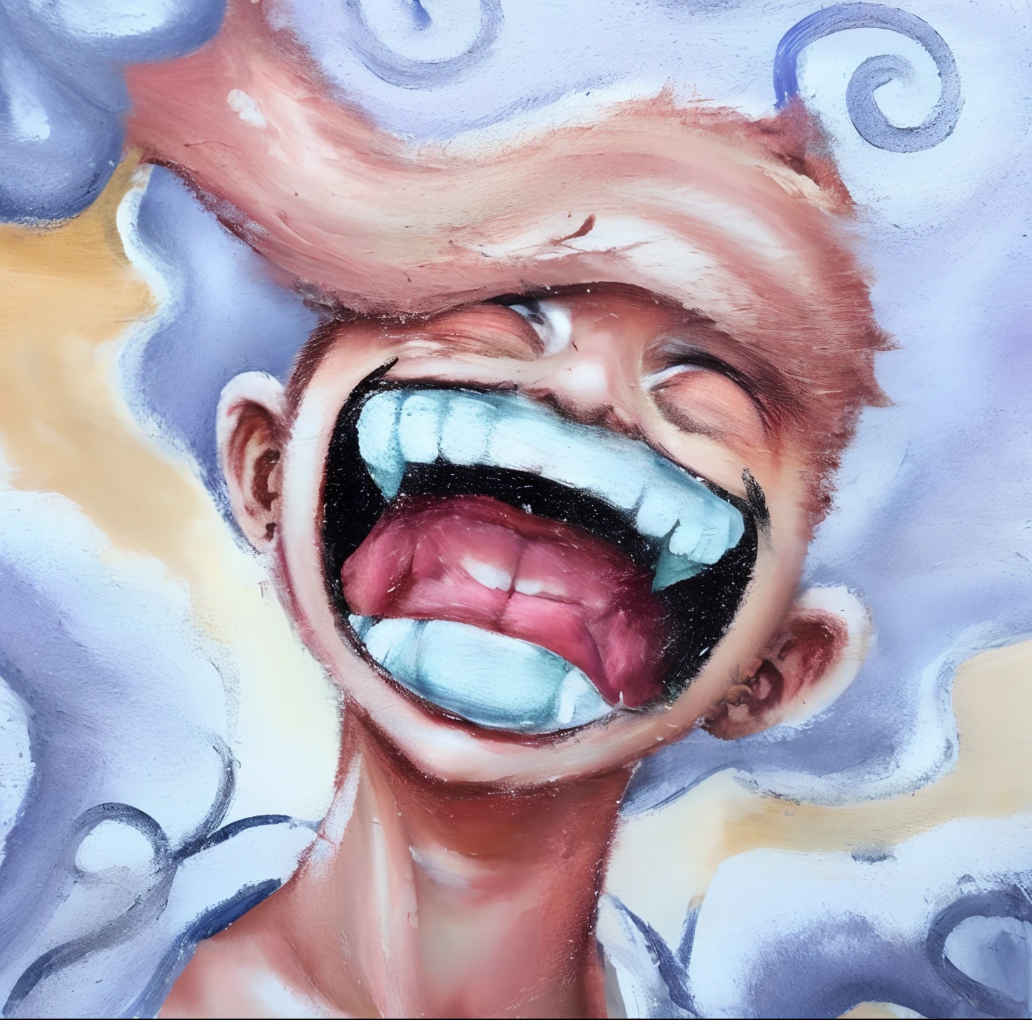 pintura de um homem com uma escova de dentes na boca, rindo histericamente, Rindo, head bent back in laughter, riso, laughing menacingly, riso e cara de grito, Rindo, She is laughing, rindo e gritando, laughing manically, laughing in the head, an expressive oil painting, Rindo muito, sorriso alegre, with a happy expression
