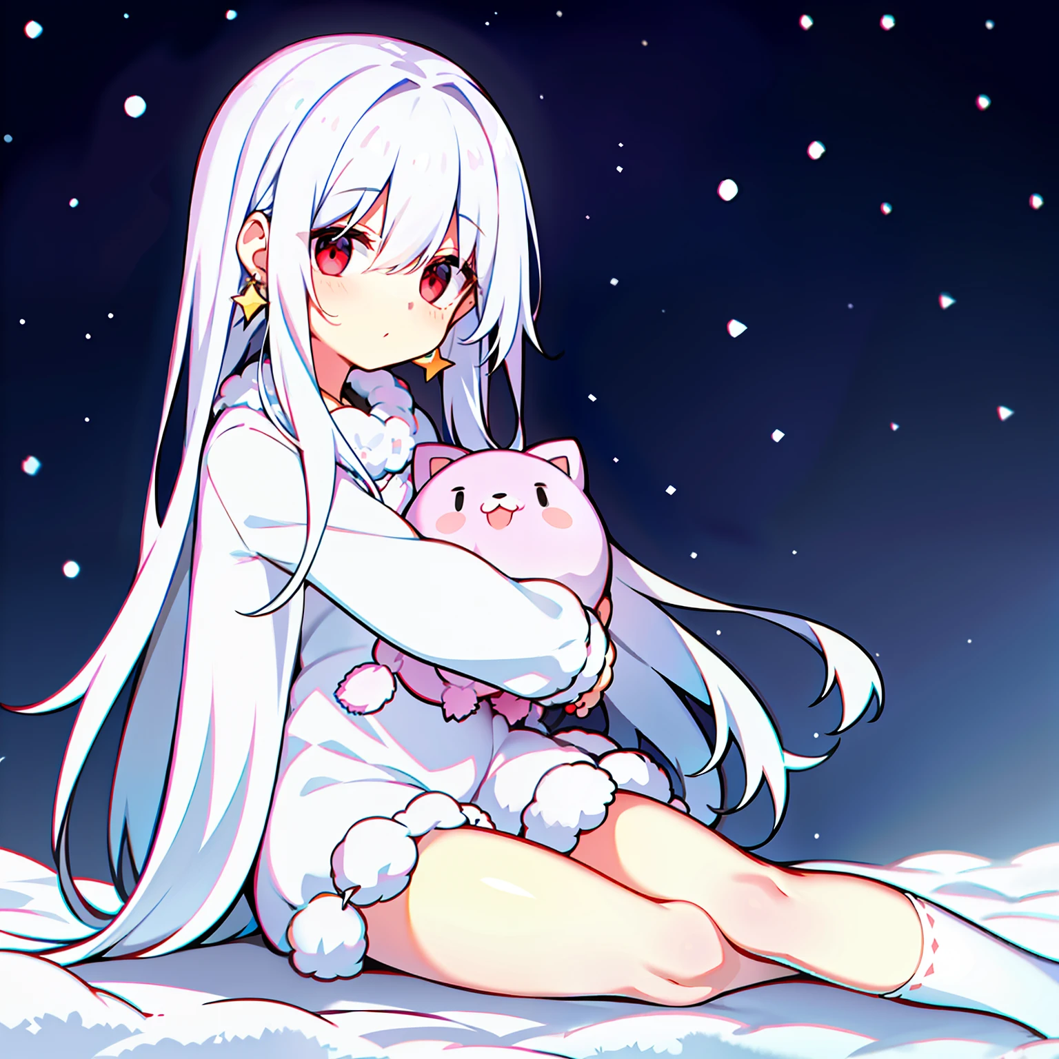 adolable,lgirl,Small pom-pom earrings,long whitr hair,Heteropupil,Sit on the ground with your knees bent,Exhale with your hands in front of your mouth,slanted bangs,exteriors,Light snow fell in the sky,The small mouth opens slightly,Faint starlight,The cheeks are slightly red from the cold,White hair,White hair,White hair,There are dull hairs,bare-legged,leg loops