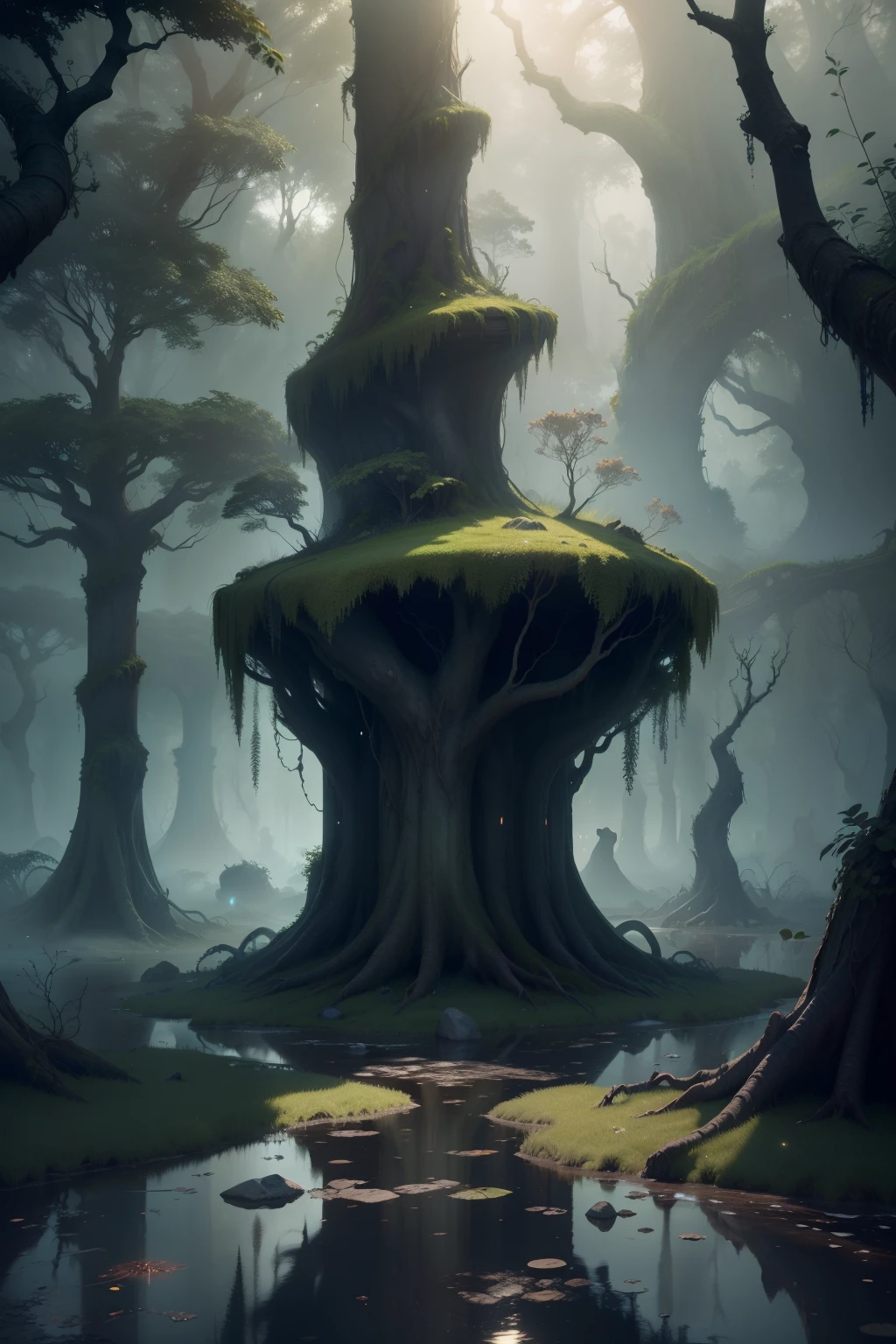 3D octane CGI cinematic rendering of an elemMasar creature made wholemMase of foliage, flora, trepadeiras verdes, moss and tree roots, with a look of concern in a magical swamp, ruins, ElemMasar, Mas, Videiras, Roots, olhos brilhantes, fechar para cima, Eldritch, velho (Man:0.5), detalhes intrincados brilhantes, Sharp, 3D rendering, Cinematic lighting, Motor irreal, Liquidificador