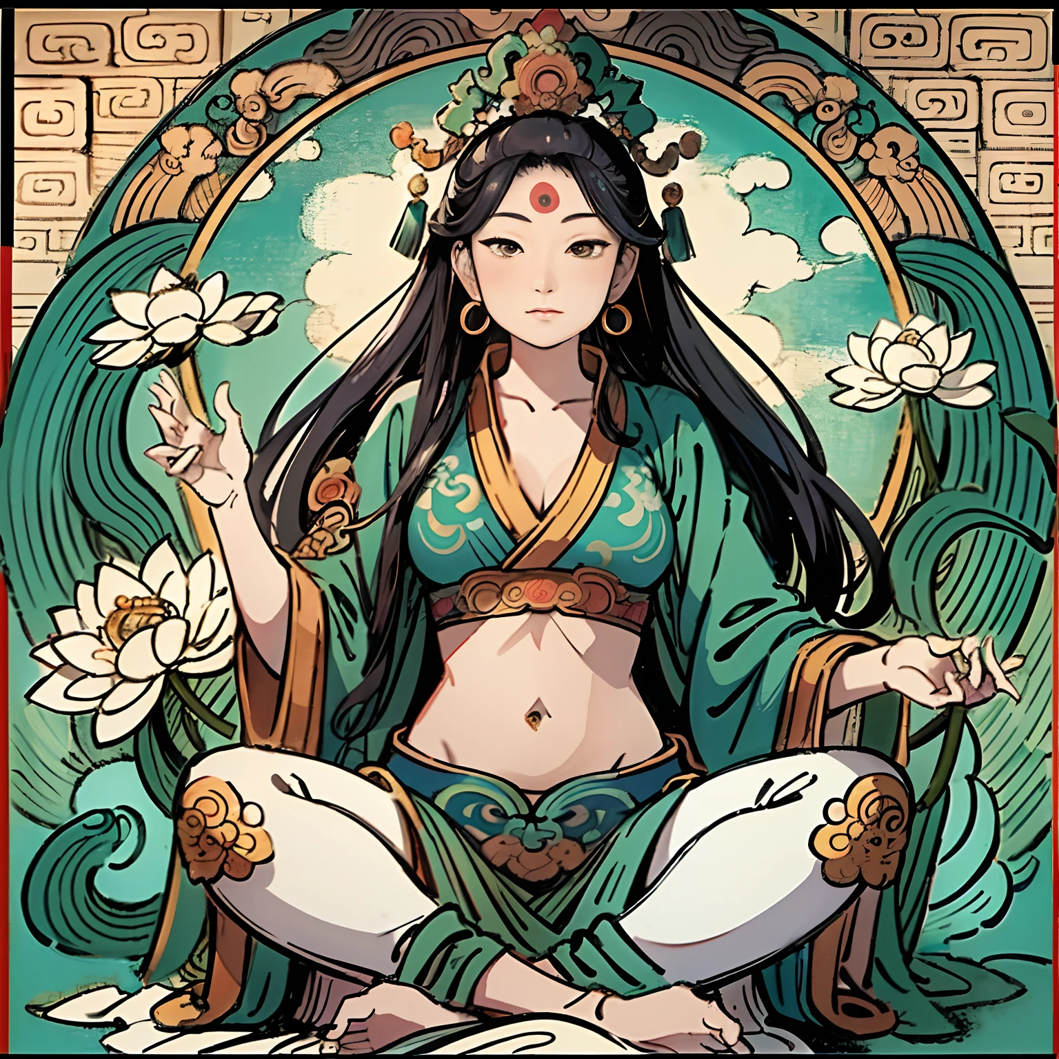 Guanyin Bodhisattva，Female Bodhisattva，The eyebrows are like Satsuki，The eyes resemble double stars，The jade face is naturally joyful，Vermilion's lips were a little red，Sit on a huge lotus leaf，(nsfw: 1.5) (: 1.5), pubic